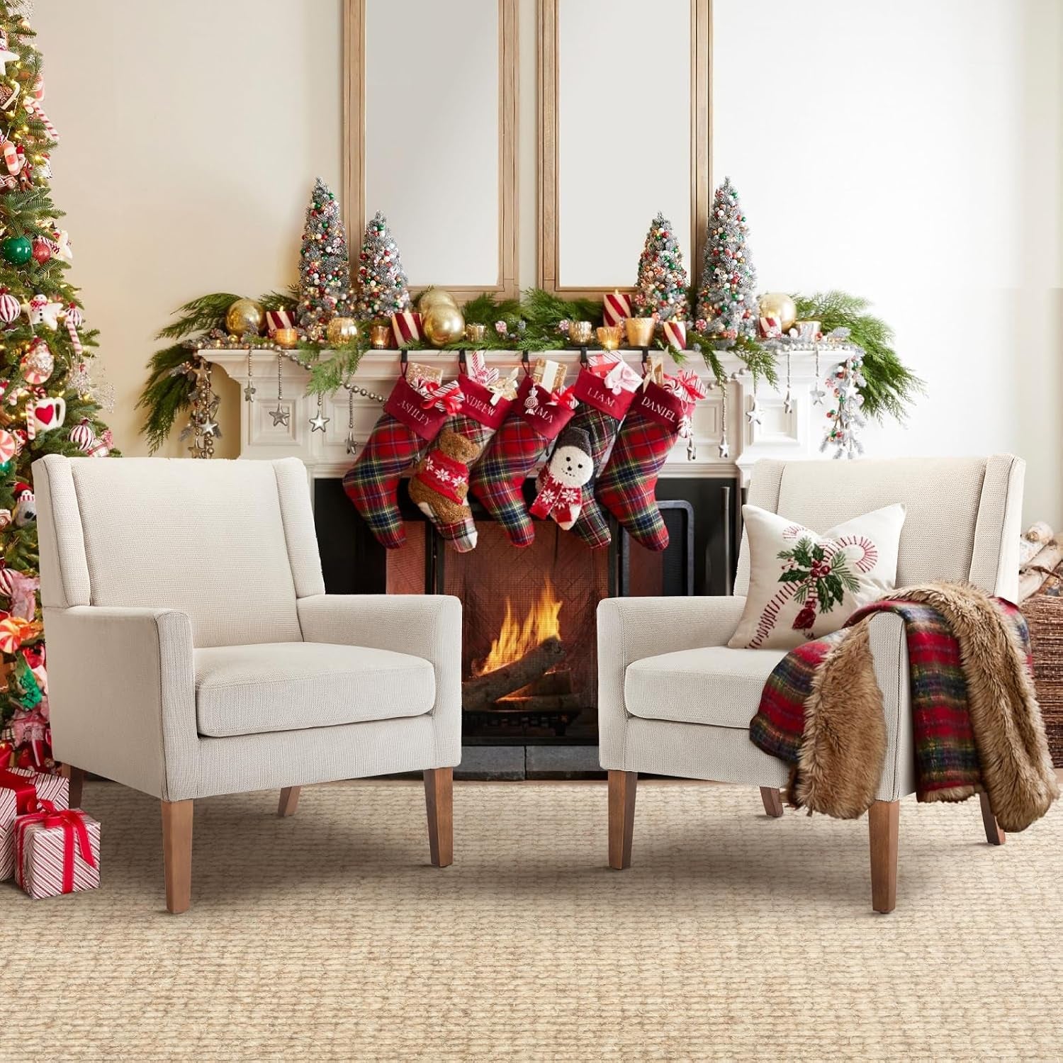 Modern Wingback Living Room Chair Set of 2, Upholstered Fabric Accent Armchair, Single Sofa Chair with Lounge Seat and Wood Legs for Bedroom/Office/Reading Spaces, Beige