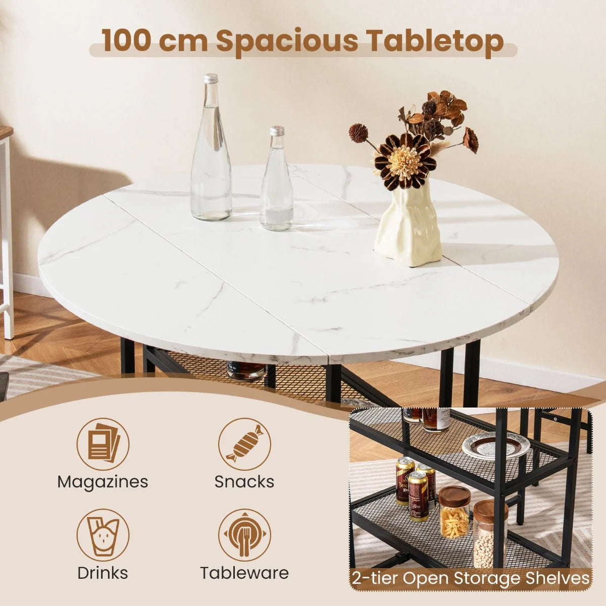 Round Kitchen Table Modern Dining Table with Drop Leaf Tabletop