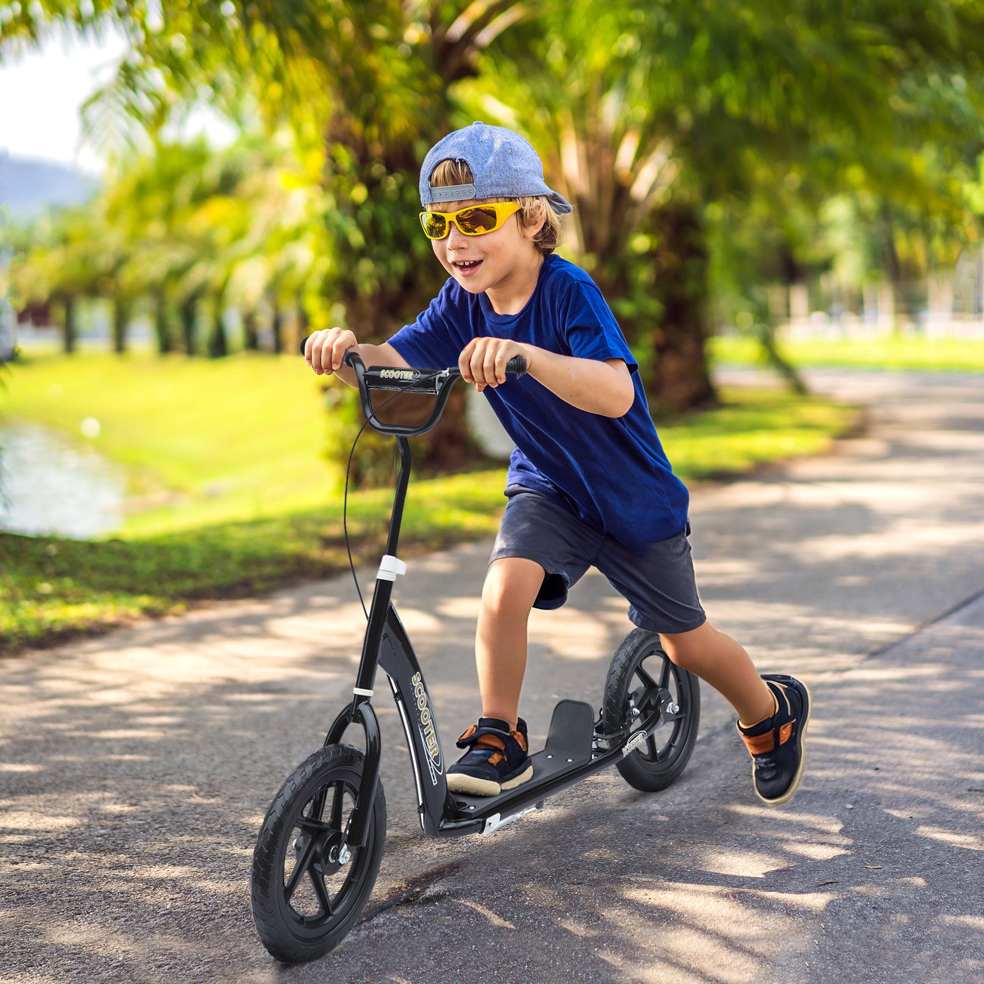 Kids Scooter Kick Scooter, with 12" EVA Tyres, Rear Brake, Big Wheels Scooter for 5-12 Years , Black