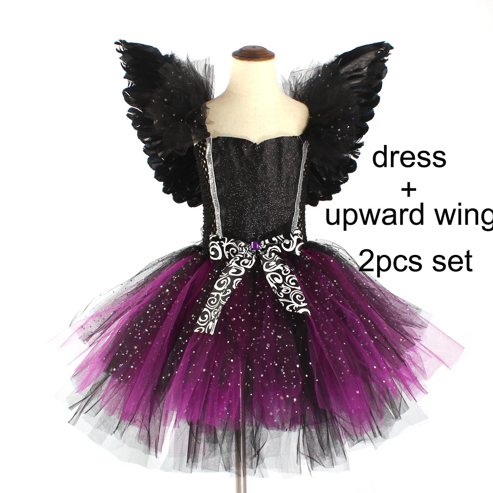 Glittery Black & Purple Kids Evil Witch Tutu Dress Girls Dark Fairy Witch Tutu Halloween Cosplay Costume with Horns and Wings
