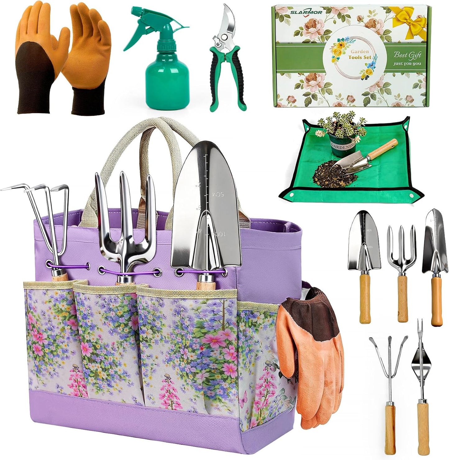 Garden Tools Set 10-Piece, Heavy Duty Gardening Tools Kit for Women & Men with Stainless Steel Hand Tool, Pruning Shears, Gloves, Bag - Ideal Gardening Gifts for Women & Gardeners