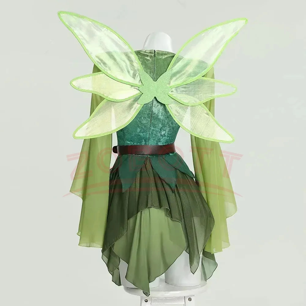 Women'S Elf Medieval Green Fairy Dress Magical Elf Dress and Belt with Wings Halloween Cosplay Costumes Elf Role-Playing Costume