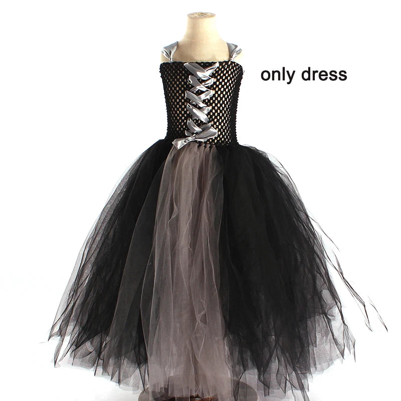 Girls Gothic Halloween Ghost Witch Costume Flare Sleeve Kids Gown Robe Tutu Dress with Witch Hat for Purim Carnival Party