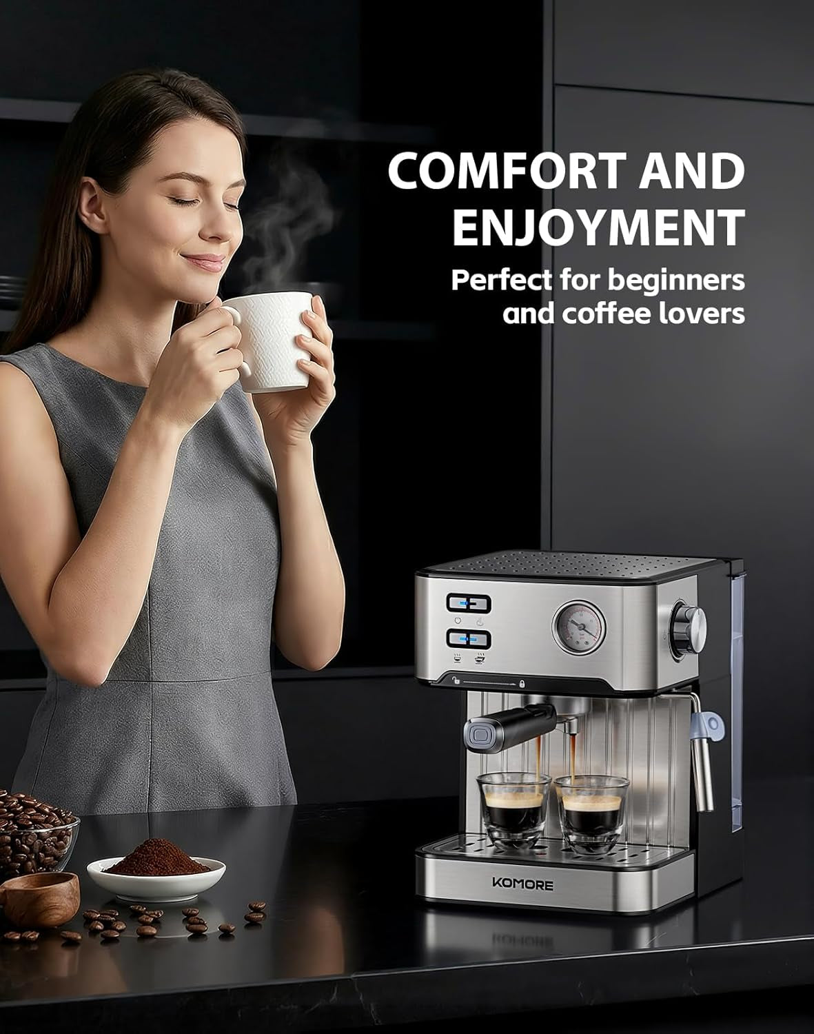 Espresso Machine, 20 Bar, 1.6L, Stainless Steel Coffee Machines | Milk Frother, Removable Water Tank, Warm Cup Area, Memory Function, Latte Machine, Espresso & Cappuccino Machines for Home