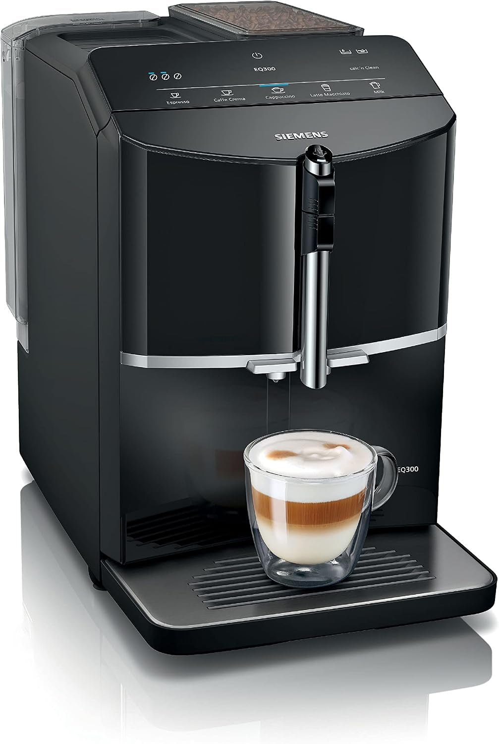 SIEMENS EQ300 Bean to Cup Coffee Machine, TF301G19, Piano Black | Fully Automatic Espresso Machine, Milk Frother Arm, 4 Coffee Beverages Including Cappuccino/Latte, LED Display