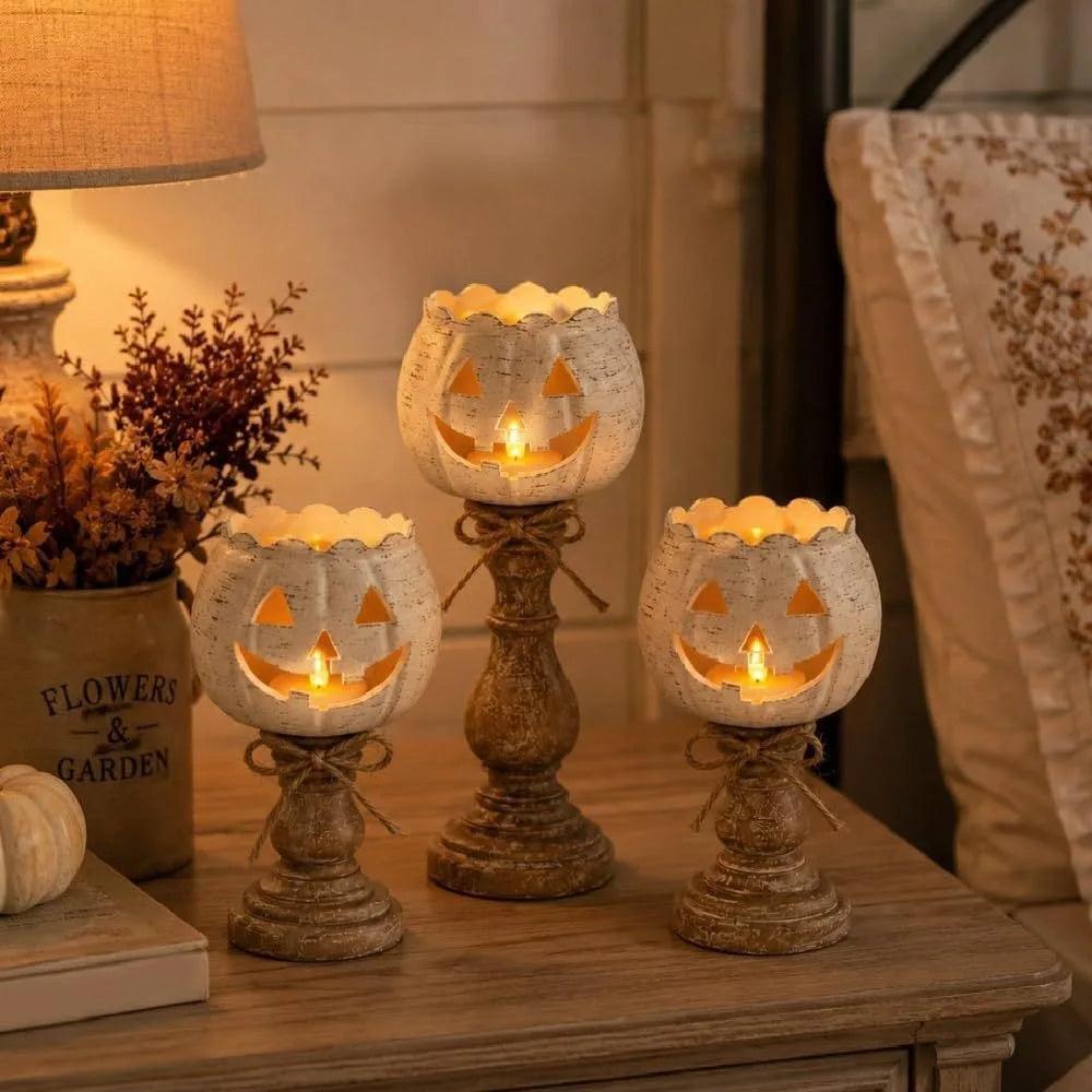 Halloween Pumpkin Candle Holder, Rustic Jack O Lantern Candlestick Tabletop Decor for Fall Harvest Party