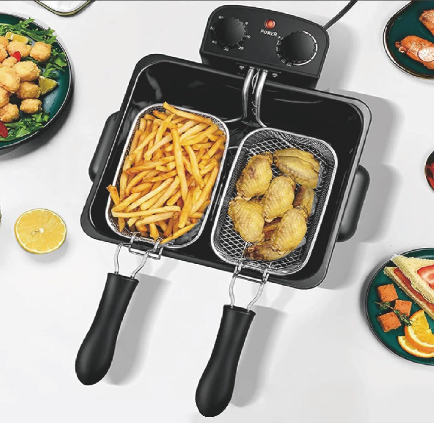 Deep Fat Fryer with Triple Baskets Large 5 Litre Deep Fryers Chip Pan with Viewing Window, 3 Chip Baskets, Adjustable Temperature Control, Stainless Steel, Black