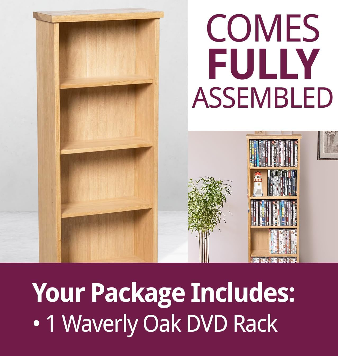 Waverly Solid Wooden Oak DVD Storage Cabinet 5-Tier | Brown Solid Wood DVD Rack Holds 120 Dvds, Media CD Shelf Unit, Light Oak Furniture for Living Room, Office Use or Hallway
