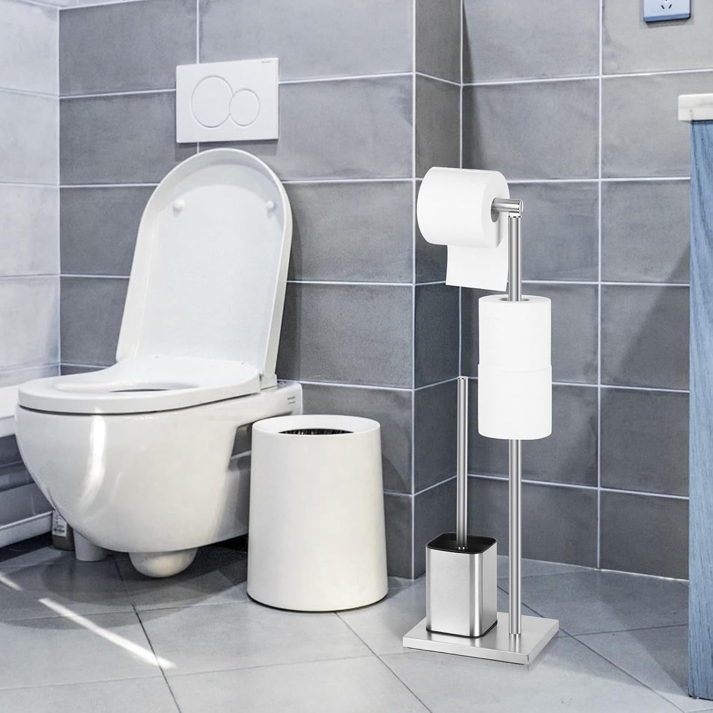 Toilet Roll Holder Free Standing with Toilet Brush - Stainless Steel Toilet Paper Holder Freestanding with Storage for Bathroom (Silver)