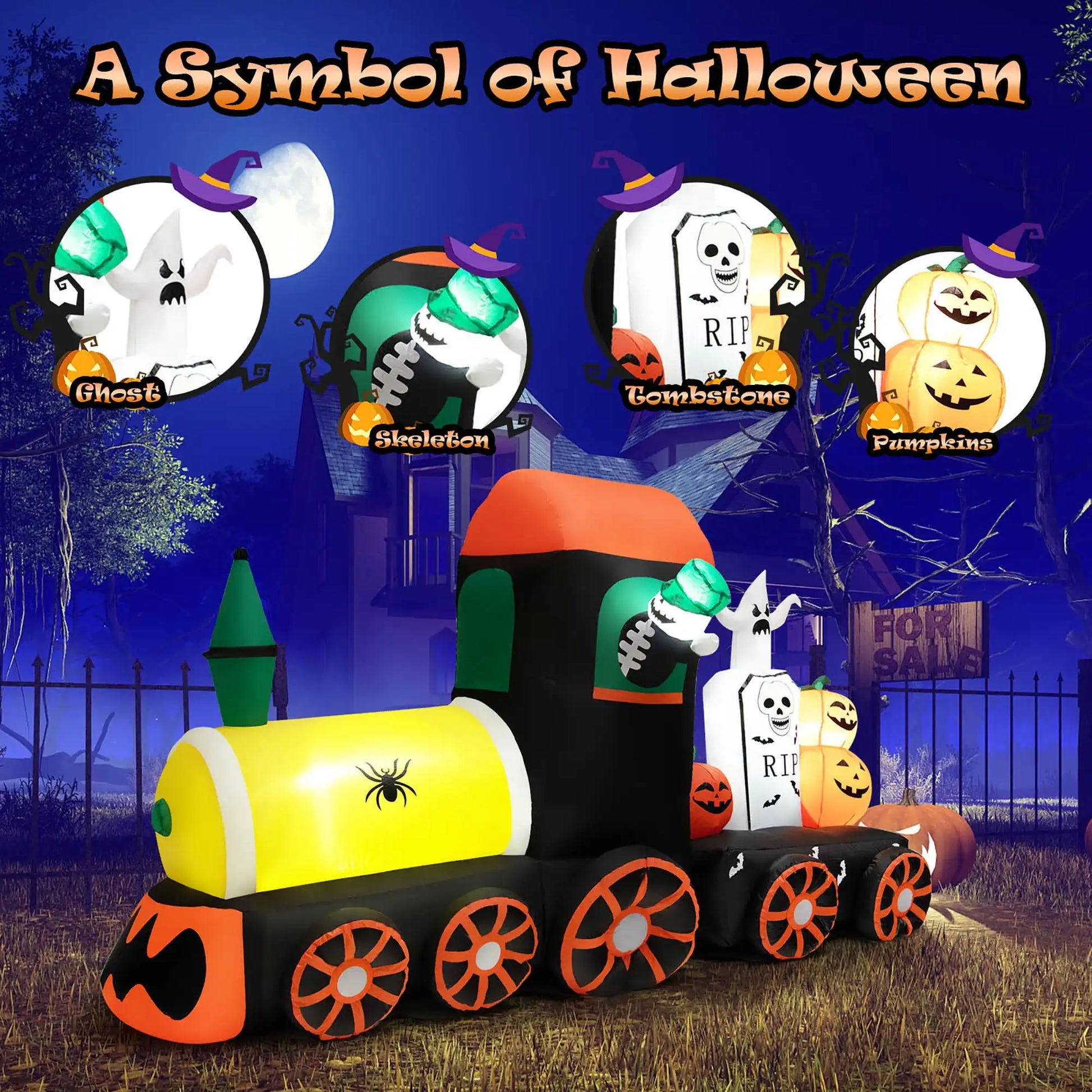 8 FT Long Halloween Inflatable Skeleton on Train Ghost Tombstone Pumpkins LED Lights Outdoor Indoor Blow up Lighted Yard Decor