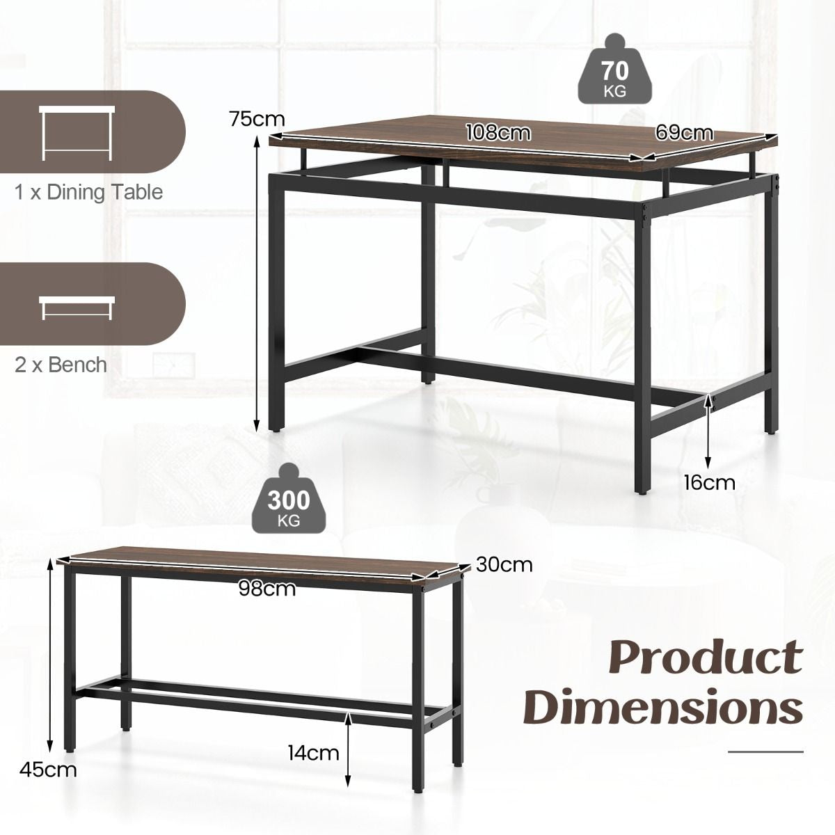 3 PCS Kitchen Dining Room Furniture Set with 108Cm Wooden Kitchen Table