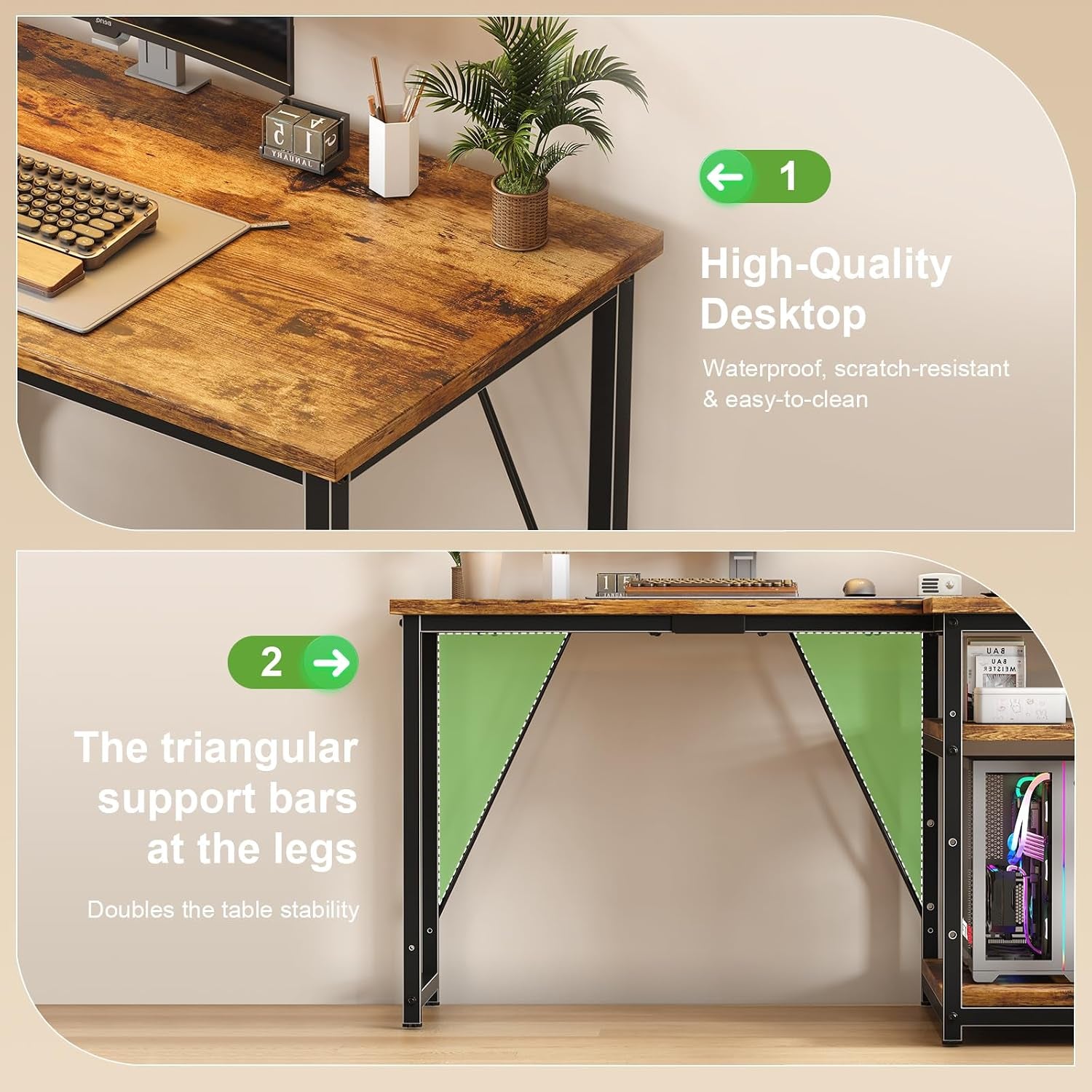 100 * 80Cm L Shaped Computer Desk with Reversible Large Storage Shelves, Corner Desk Computer Workstation Matching under Desk Height Adjustable Storage, Home Office Work Table Brown