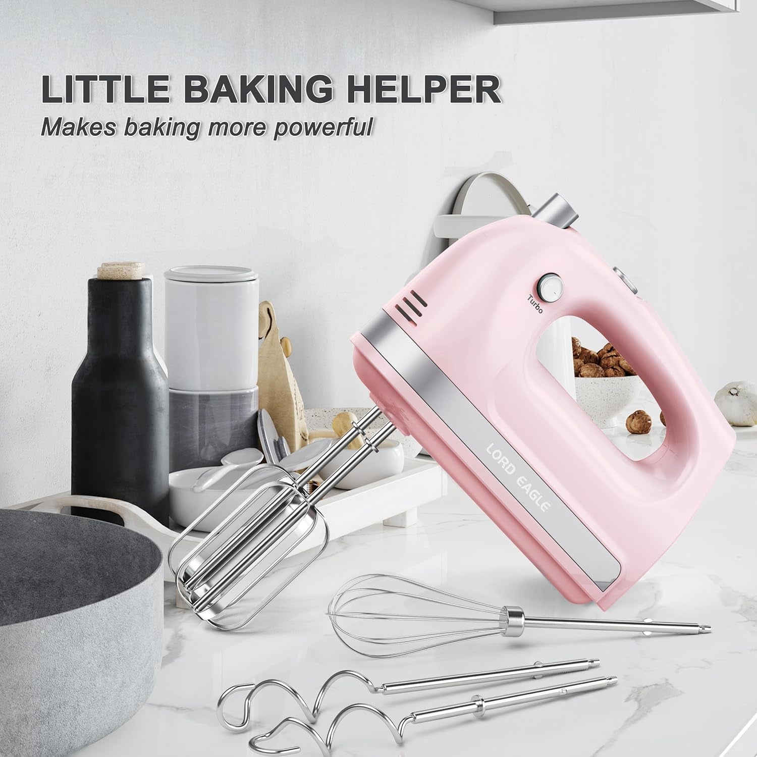 Hand Mixer Electric Whisk, 400W Power Handheld Mixer for Baking Cake Egg Cream Food Beater, Turbo Boost/Self-Control Speed + 5 Speed + Eject Button + 5 Accessories, Pink | Handheld Mixer for Egg Cream Food Beater, Turbo Boost/Self-Control Speed + Eject Button + 5 Accessories, Pink