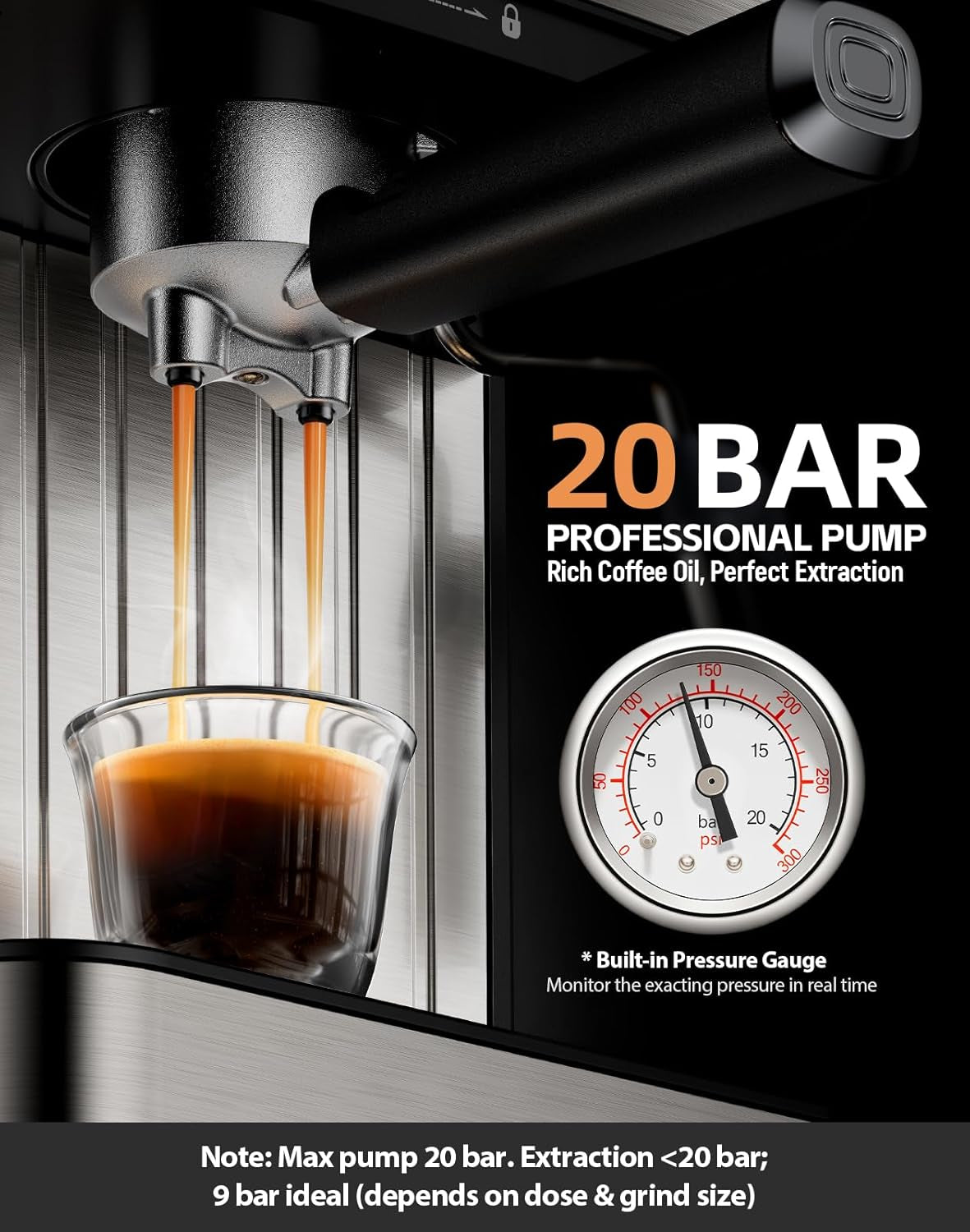 Espresso Machine, 20 Bar, 1.6L, Stainless Steel Coffee Machines | Milk Frother, Removable Water Tank, Warm Cup Area, Memory Function, Latte Machine, Espresso & Cappuccino Machines for Home