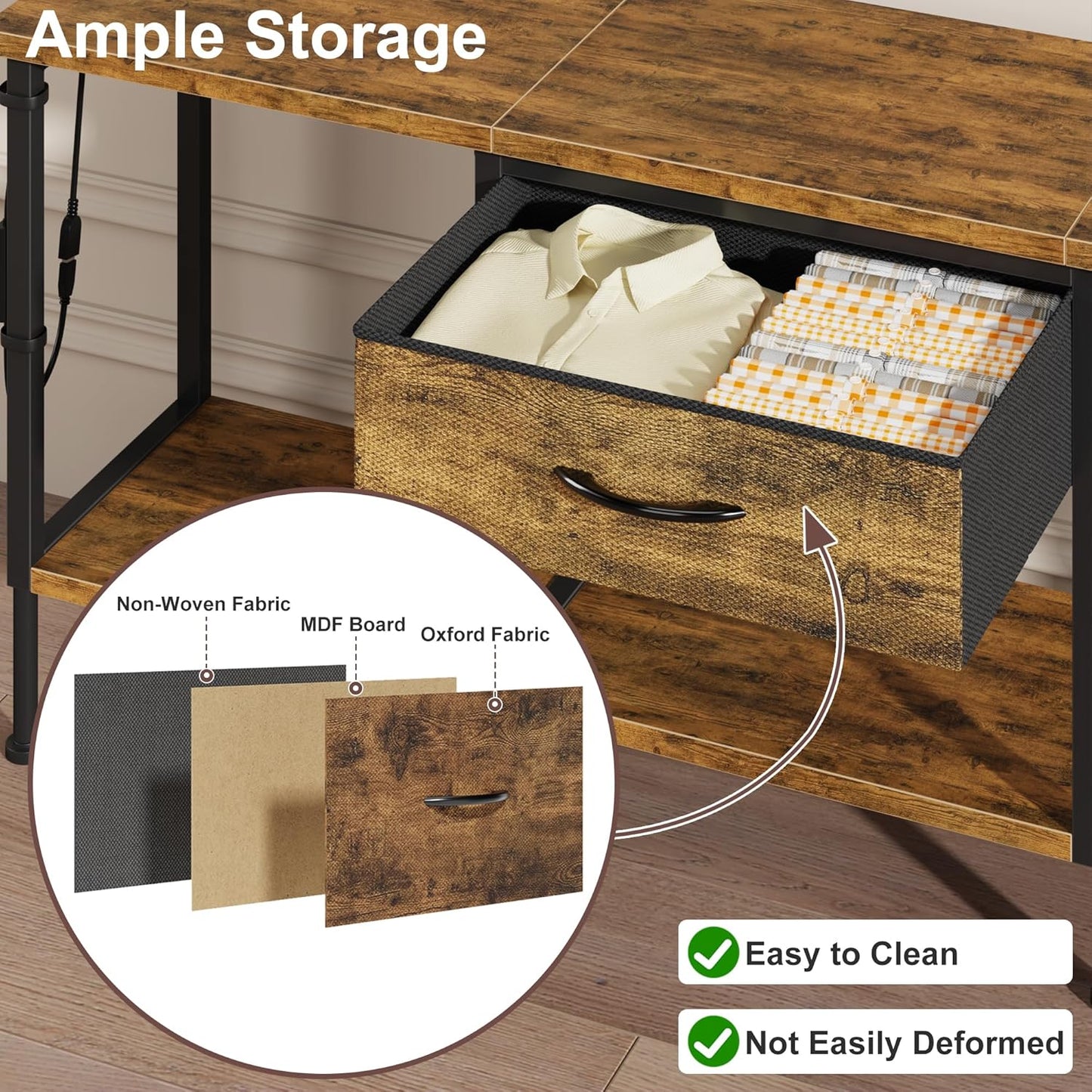 LED TV Stand Unit for 55 50 Inch TV with Socket and USB Slots, TV Cabinet with Fabric Drawer and Open Shelves, 120 Cm TV Stand, Entertainment Center for Living Room Bedroom, Rustic Brown