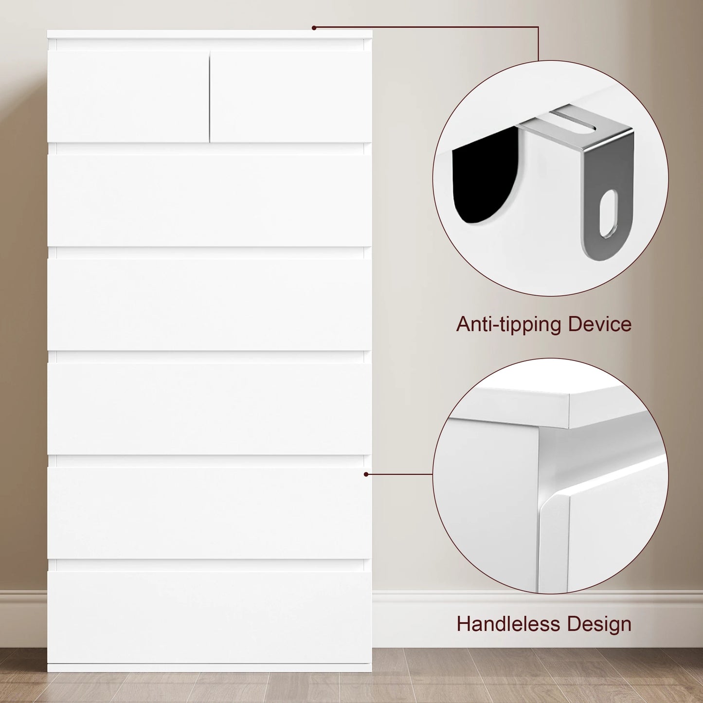 Chest of Drawers Bedroom, Tall Chest of Drawers with 7 Drawers, Bedroom Furniture Storage Cupboard Cabinet Bedroom Dresser, for Living Room Hallway 60X40X119Cm