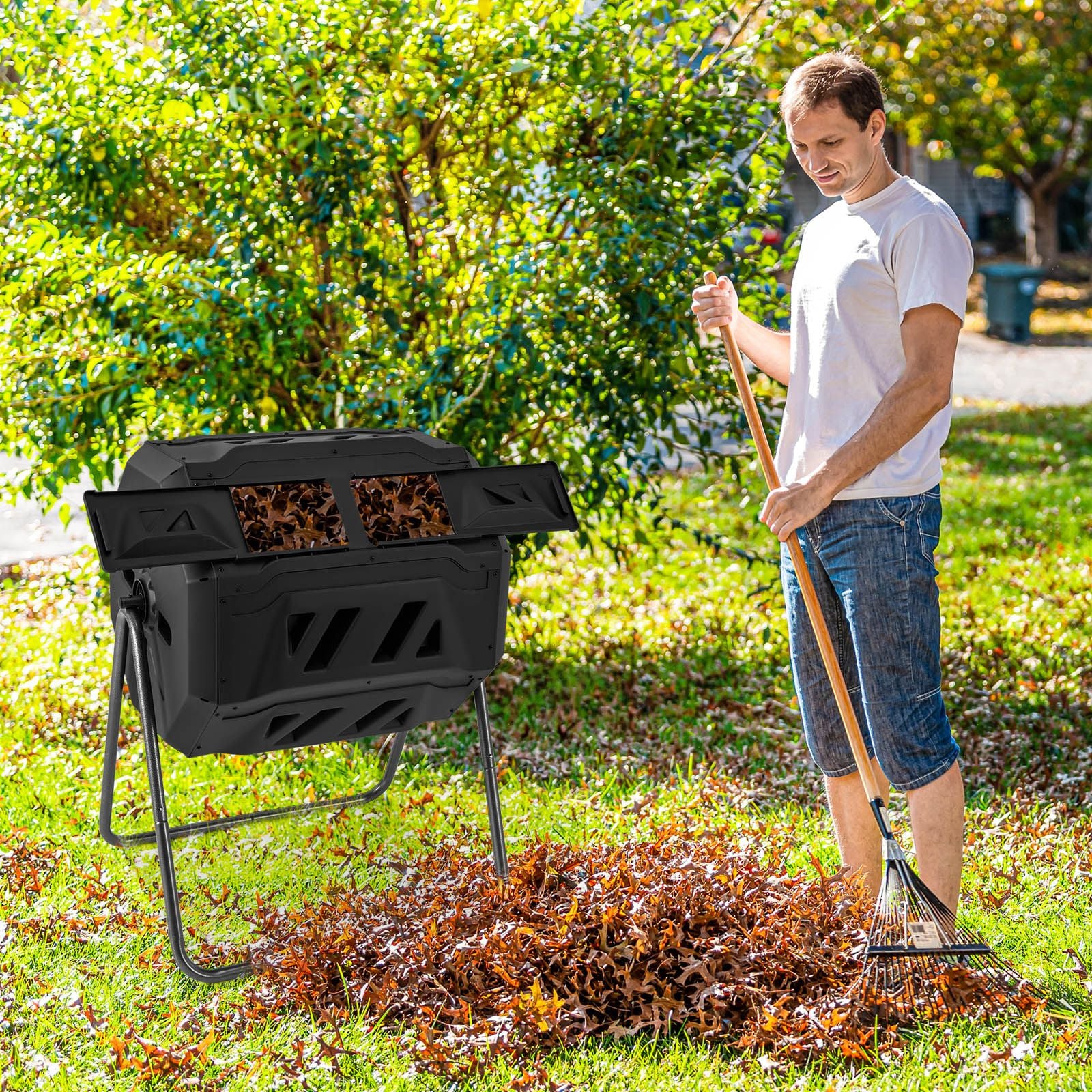 Compost Bin 160L Dual Chamber Composting Tumbler with Sliding Doors