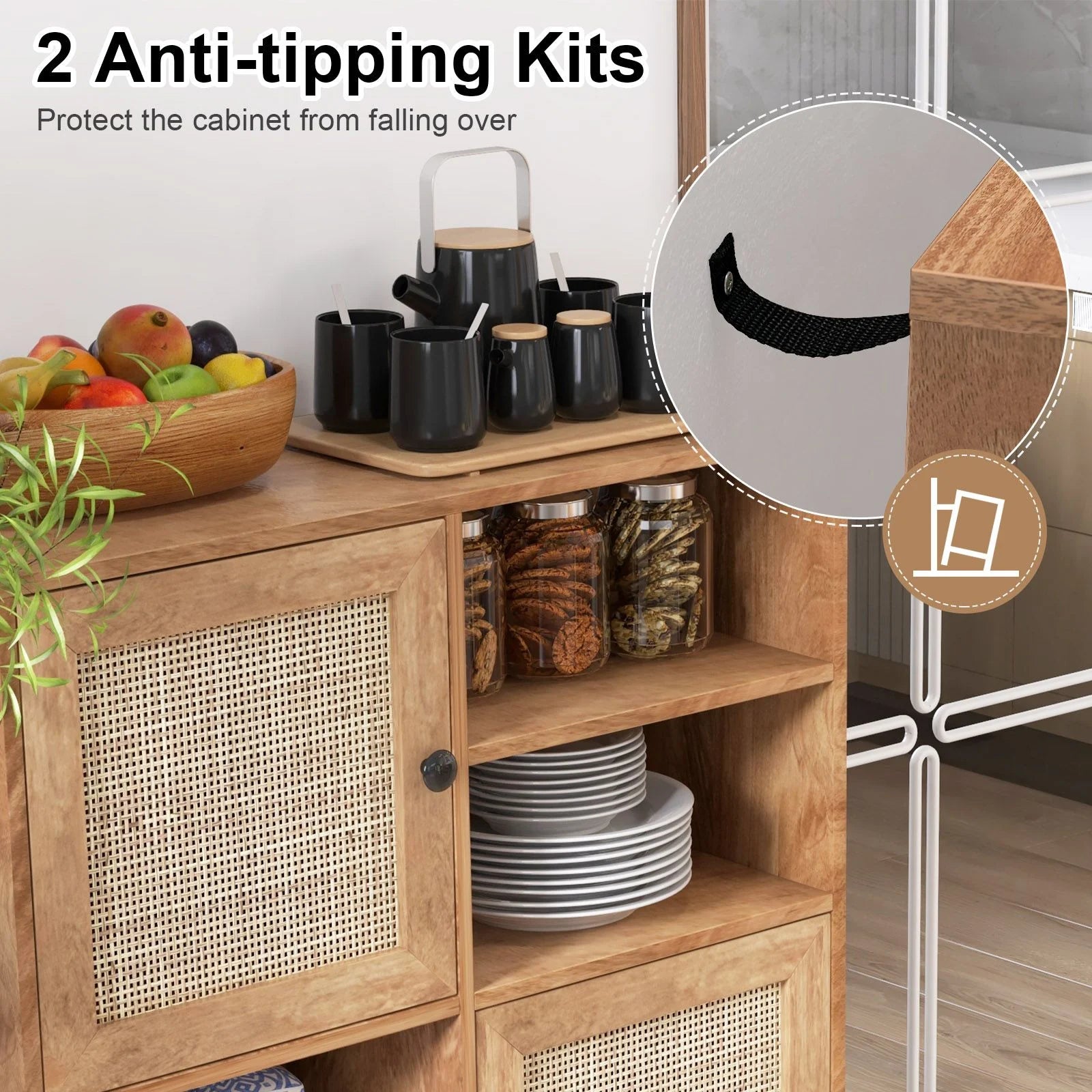 Rattan Sideboard Buffet Cabinet with 4 Cubbies and 2 Rattan-Decorated Doors