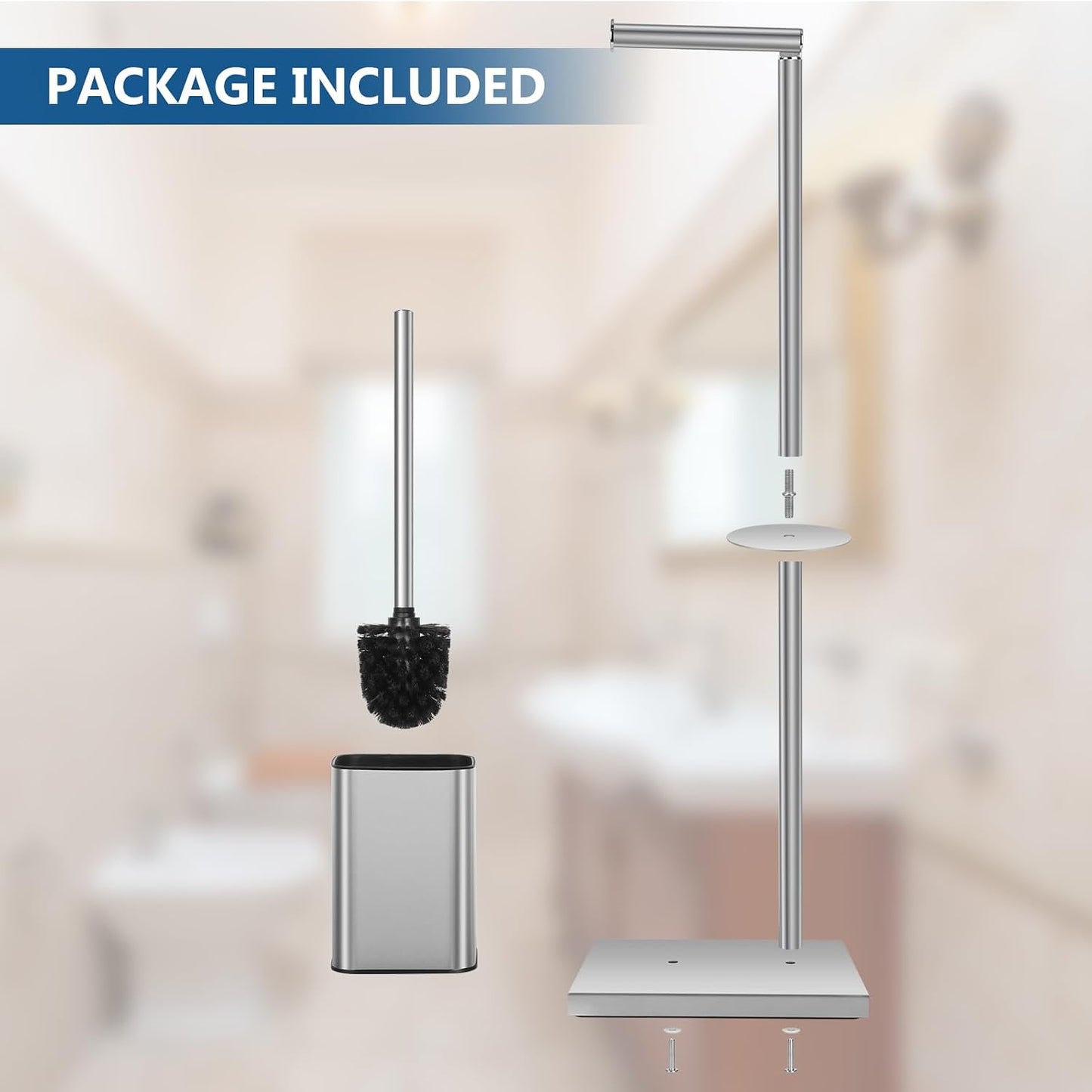 Toilet Roll Holder Free Standing with Toilet Brush - Stainless Steel Toilet Paper Holder Freestanding with Storage for Bathroom (Silver)