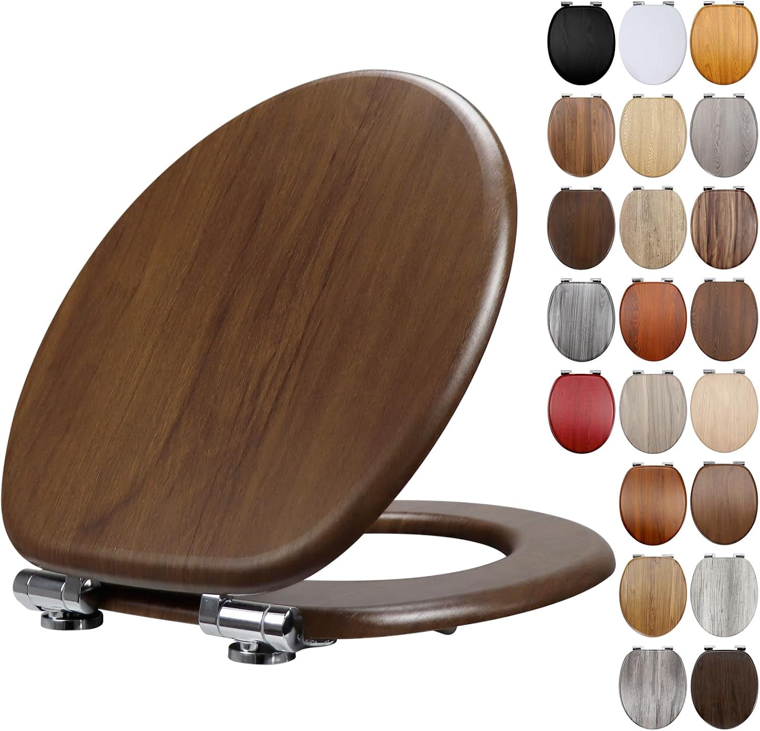 Toilet Seat Dark Walnut Wooden Soft Close with Adjustable Solid Zinc Alloy Hinges, MDF Wood Oval Toilet Seat with Bottom Fixings, Easy to Clean and Install (JH3704-01)