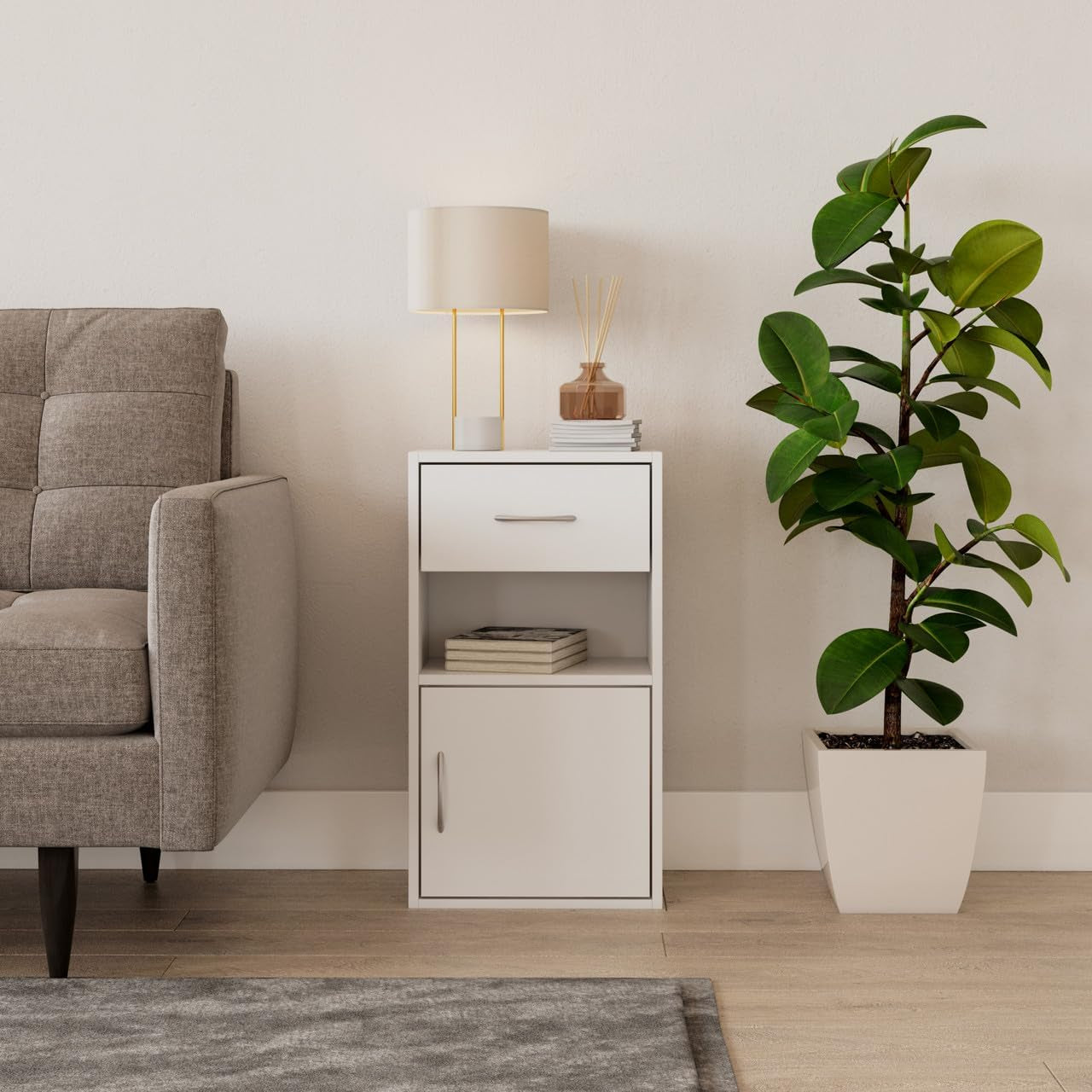 1 Door 1 Drawer Wooden Bedroom Bedside Cabinet Shelf Nightstand Side Table Unit (White)