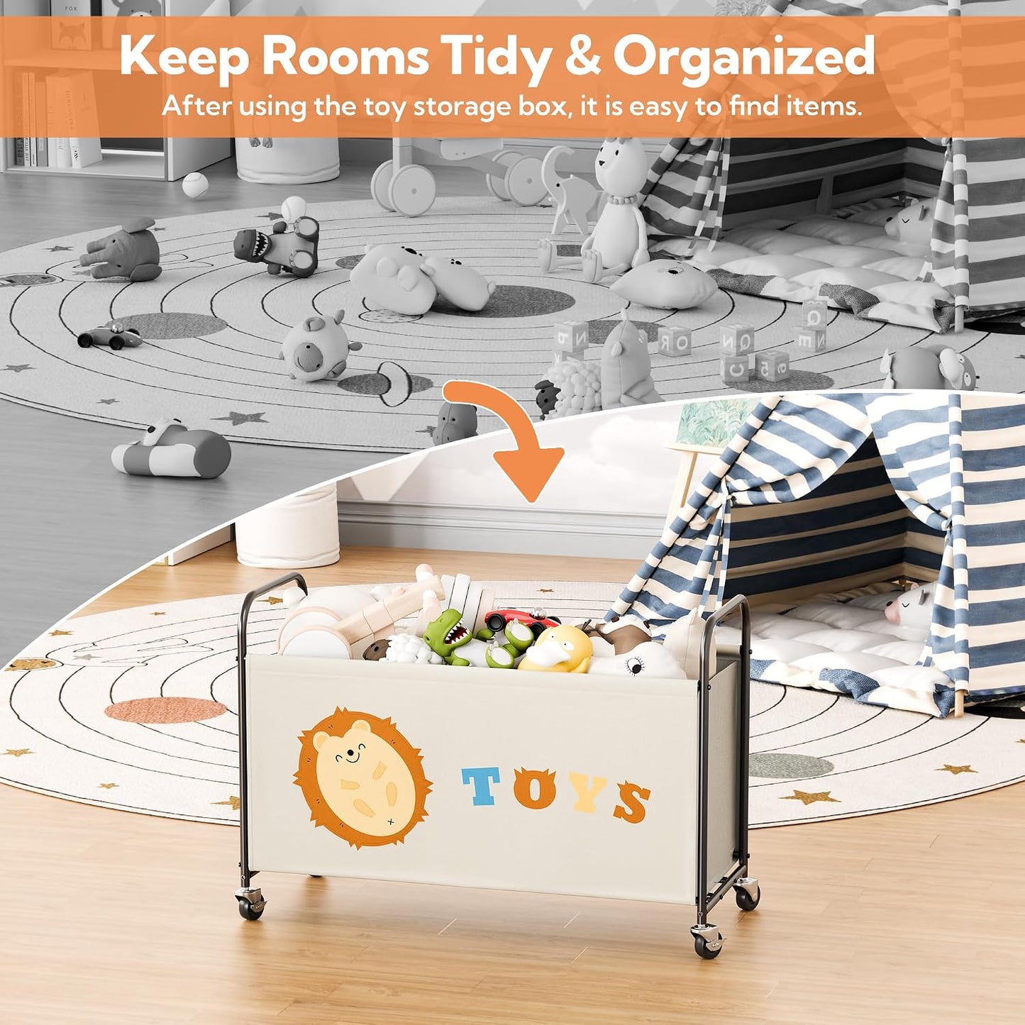Toy Chest with Wheels, 135L Extra Large Toy Box, Storage Organiser for Kids Toys, Metal Toy Box Storage for Girls, Toy Bin for Children Nursery Play Room Organising Baby Plush Toys, Beige