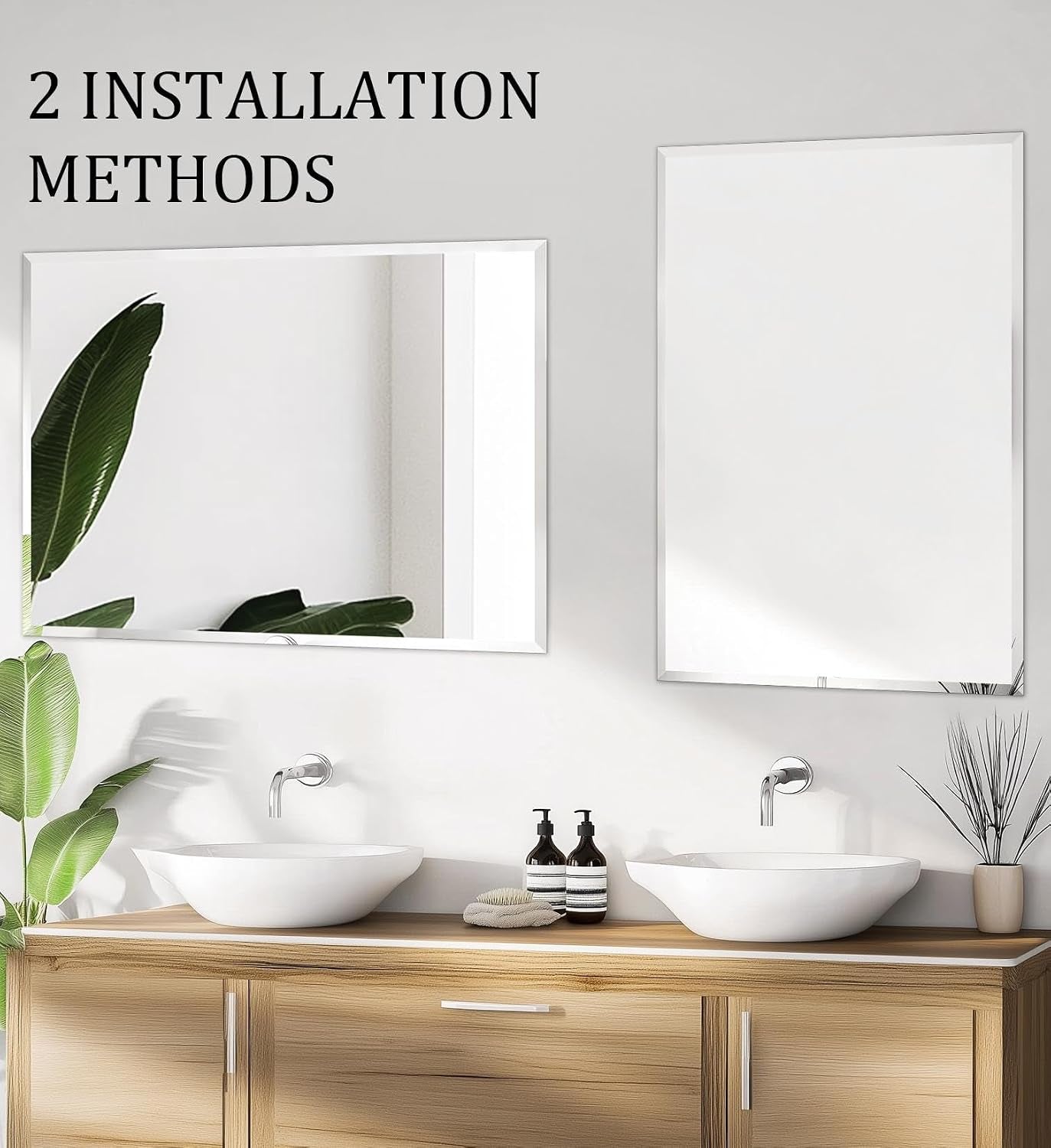 Medium Frameless Bathroom Wall Mirror 80 X 60Cm Plain Edge Silver | High Clarity Distortion Free Rectangle Wall Mirrors with 3 Hangers for over Sink Vanity, Hanging Vertically or Horizontally