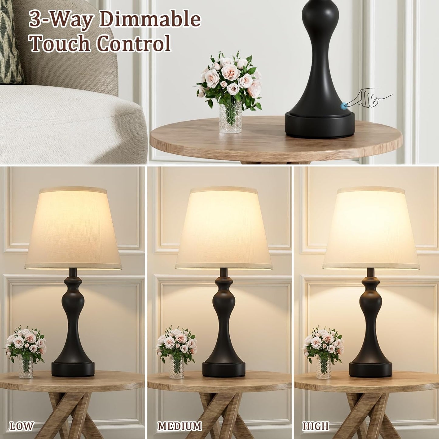 Table Lamps for Living Room, Large Metal Bedside Lamp for Bedroom with USB A+C Ports, 3 Way Dimmable Bedside Lamps Set of 2, Modern Touch beside Table Lamp with White Shade(Bulbs Included)