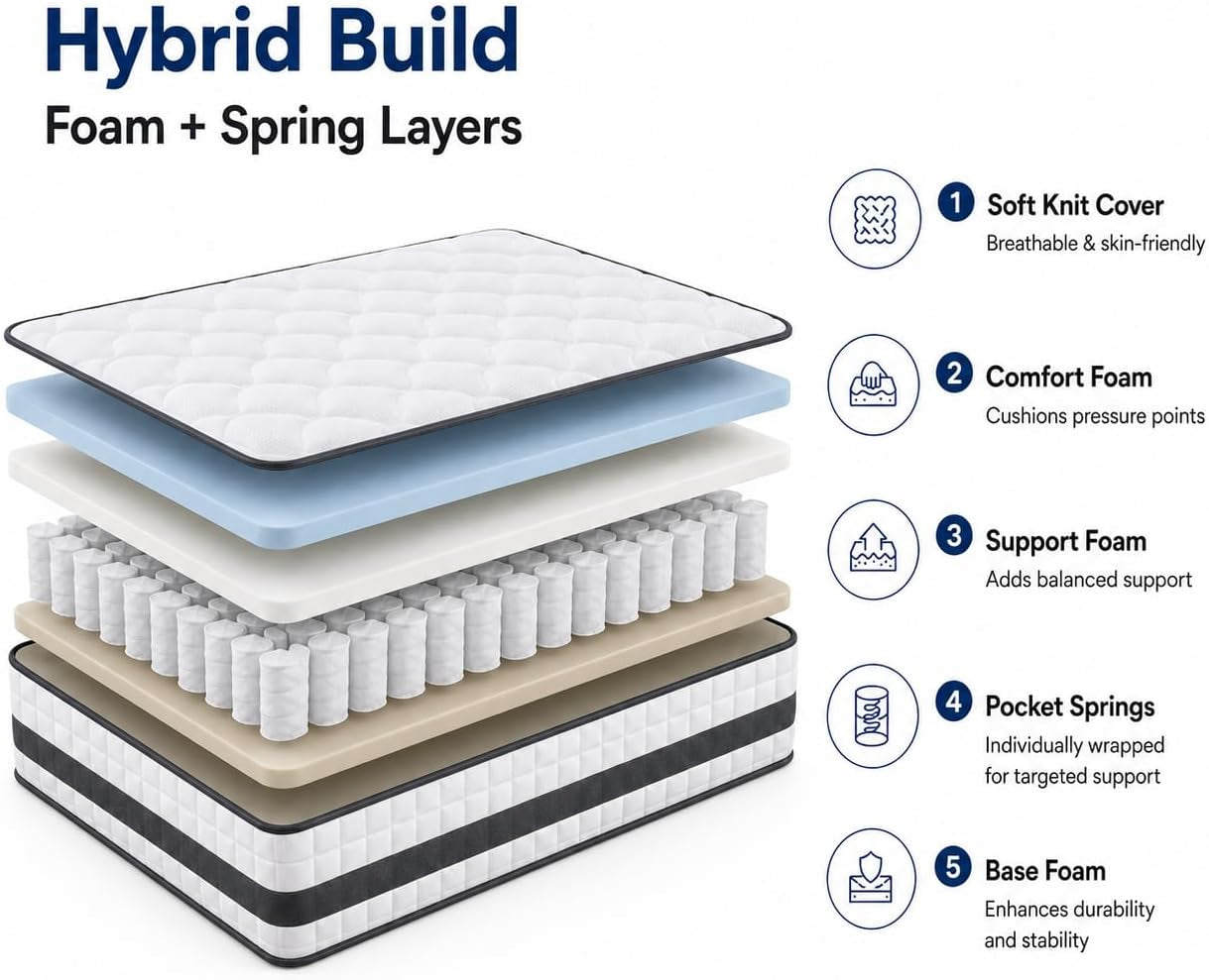 King Size Mattress 5FT, 150 X 200 X 30 Cm Hybrid Memory Foam & Sprung Mattress, Medium Firm, Breathable Cover, Mattress in a Box for UK King Bed
