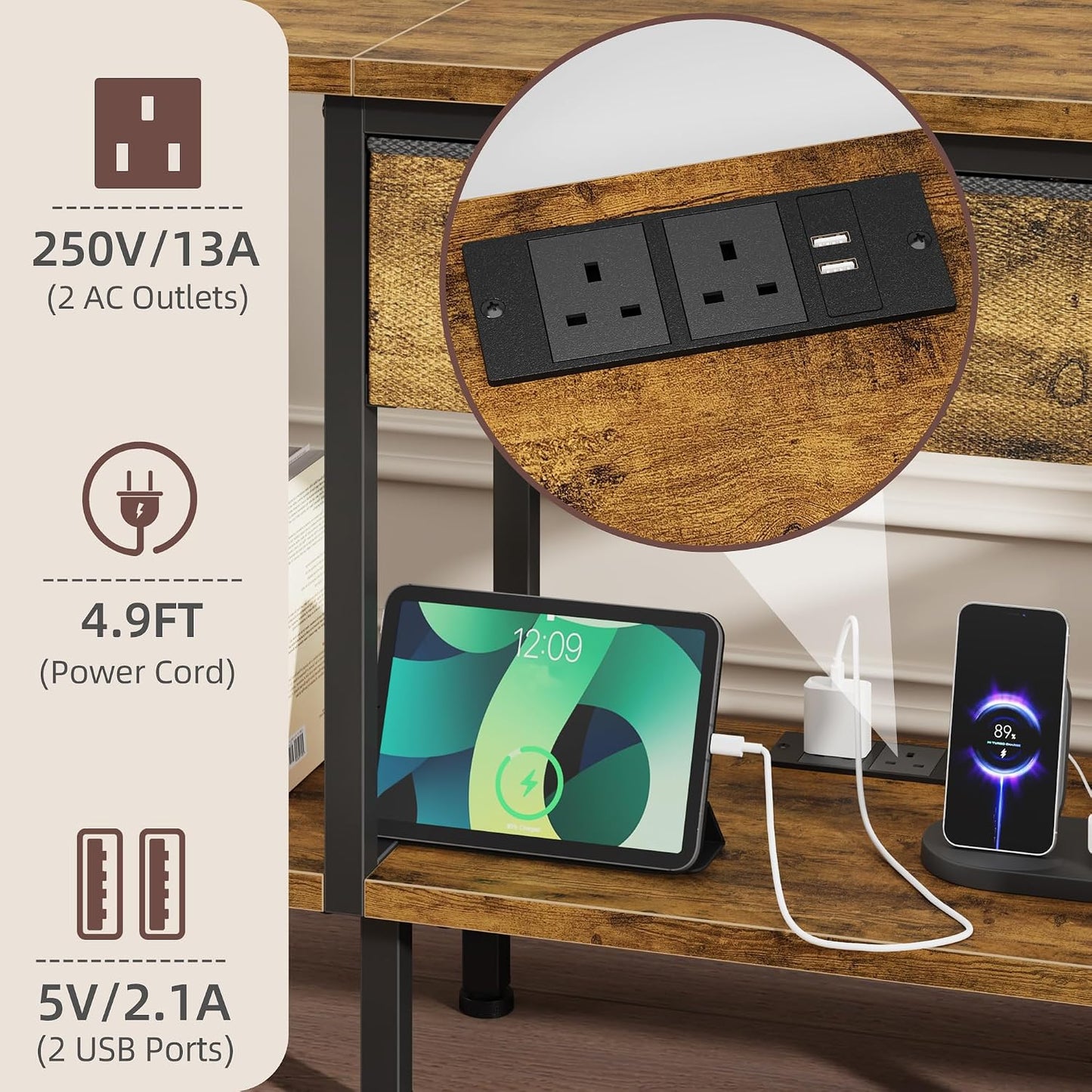 LED TV Stand Unit for 55 50 Inch TV with Socket and USB Slots, TV Cabinet with Fabric Drawer and Open Shelves, 120 Cm TV Stand, Entertainment Center for Living Room Bedroom, Rustic Brown