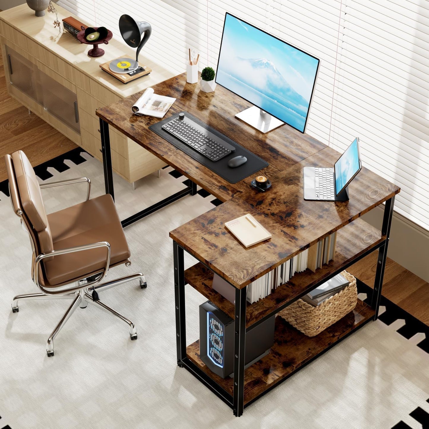 100 * 80Cm L Shaped Computer Desk with Reversible Large Storage Shelves, Corner Desk Computer Workstation Matching under Desk Height Adjustable Storage, Home Office Work Table Brown