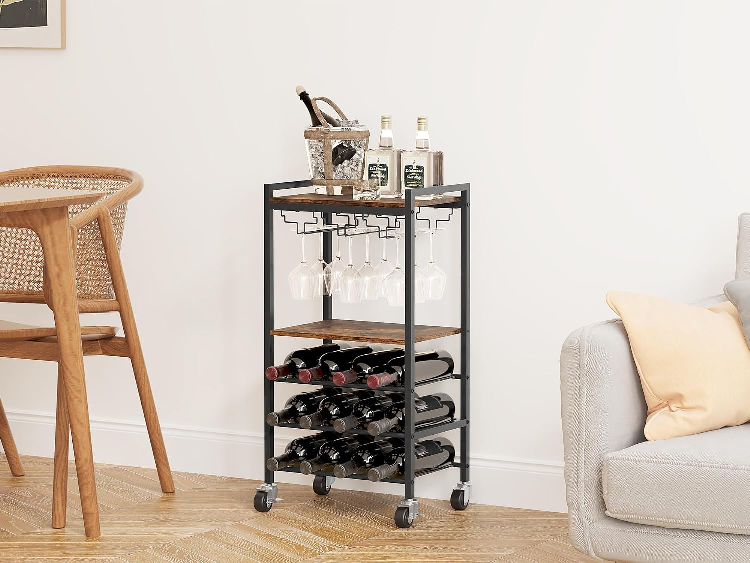 Metal Wooden 12 Bottles Wine Racks Free Standing Floor,Wine Trolley on Wheels,Rolling Bar Cart with Glass Holder,Drinks Storage Trolley for Home & Kitchen,Brown