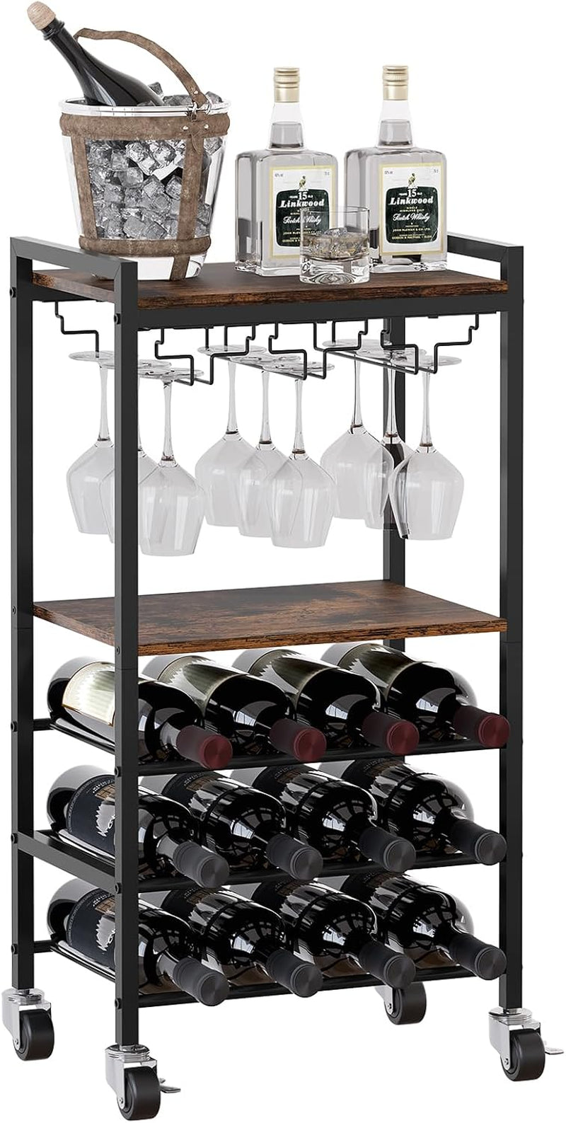 Metal Wooden 12 Bottles Wine Racks Free Standing Floor,Wine Trolley on Wheels,Rolling Bar Cart with Glass Holder,Drinks Storage Trolley for Home & Kitchen,Brown