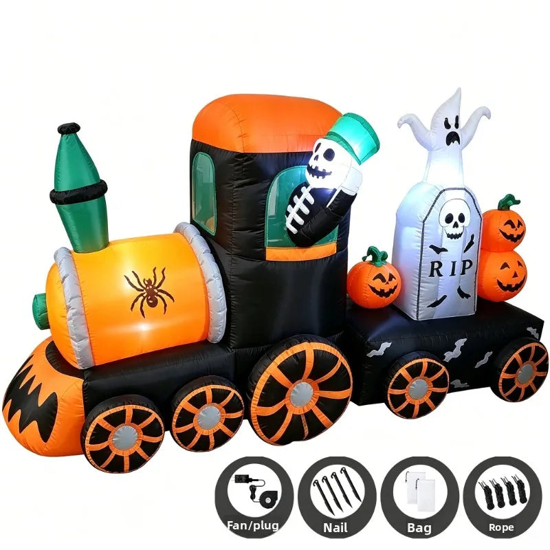 8 FT Long Halloween Inflatable Skeleton on Train Ghost Tombstone Pumpkins LED Lights Outdoor Indoor Blow up Lighted Yard Decor