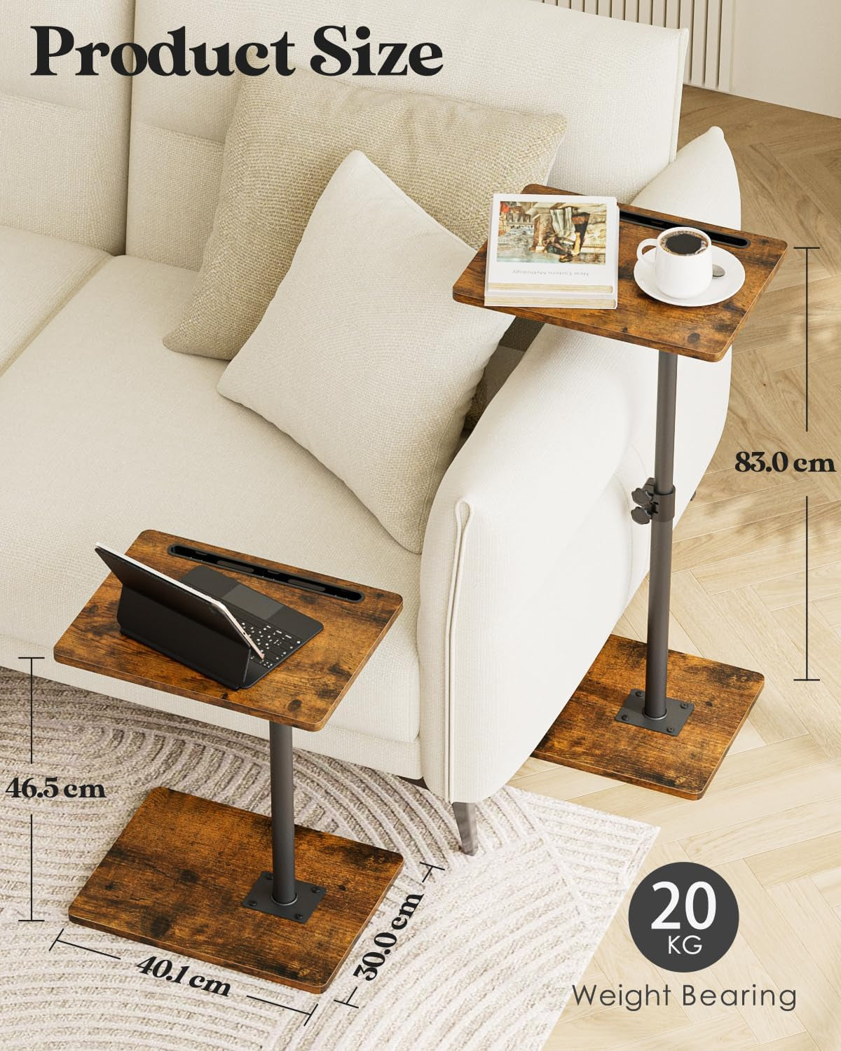 Side Table, C-Shaped Adjustable Sofa Table, 360°Swivel Coffee Tables,40X30X(45-83) Cm,Small End Tables Bedside for Living Room, Bedroom(Black)