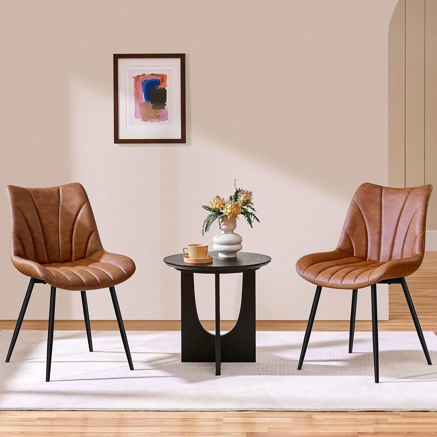 Set of 2 Modern Upholstered Dining Chairs with Metal Legs, Armless Side Chairs for Kitchen Dining Room Living Room, Kitchen Chairs with Backrest Brown | Comfortable Padded Seat | Modern Retro Design | PU Leather Upholstery | Metal Legs | for Kitchen Dining Room
