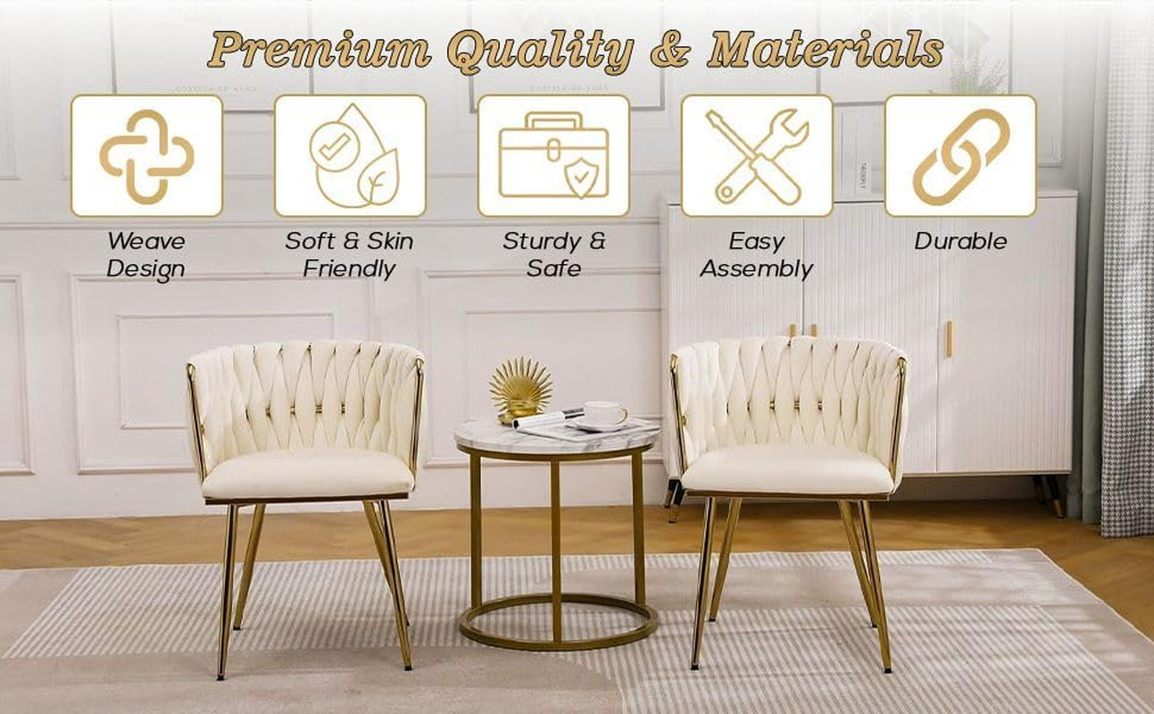 Set of 2 X Luxury Velvet/Metal Upholstered Seat Woven Dining Kitchen Home Restaurant Bar Pub Stool Chair (Cream/Gold)