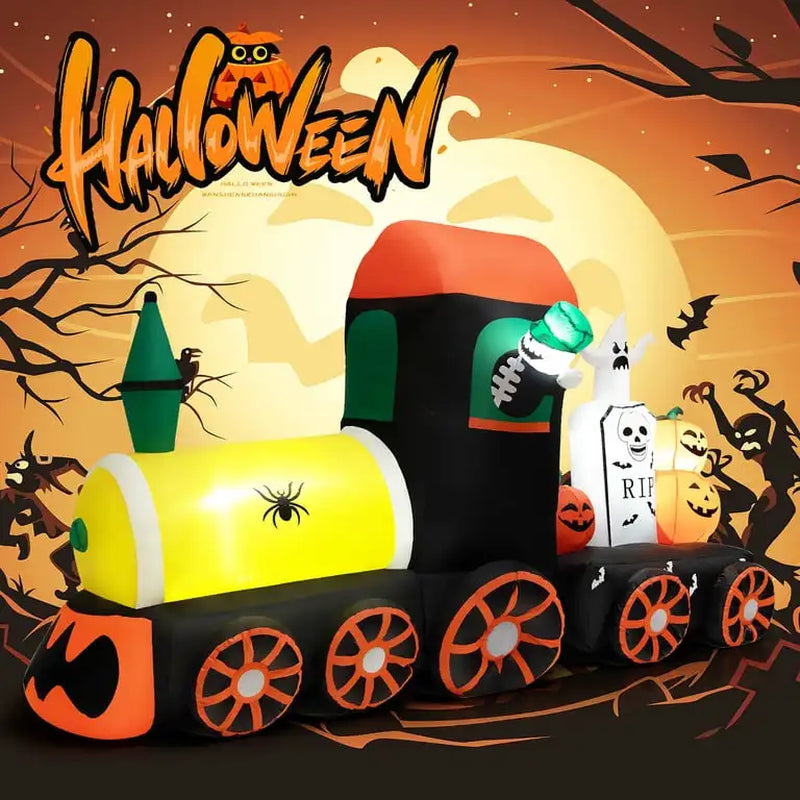 8 FT Long Halloween Inflatable Skeleton on Train Ghost Tombstone Pumpkins LED Lights Outdoor Indoor Blow up Lighted Yard Decor