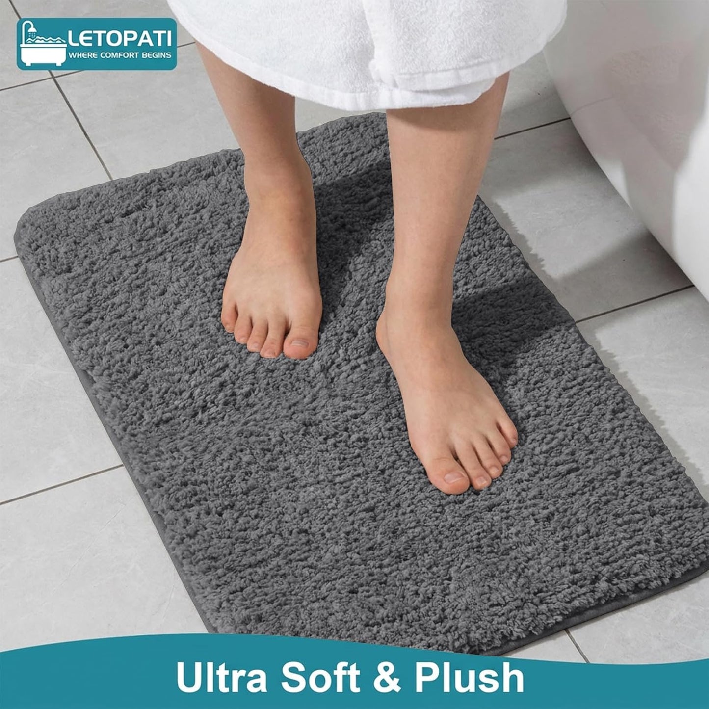 Bath Mat Sets 3 Piece, Non Slip Rubber Backing Bath Mats for Bathroom Floor, Extra Soft Microfiber Bathroom Mat and Toilet Mat, Absorbent Washable Bath Rug Sets, Dark Grey