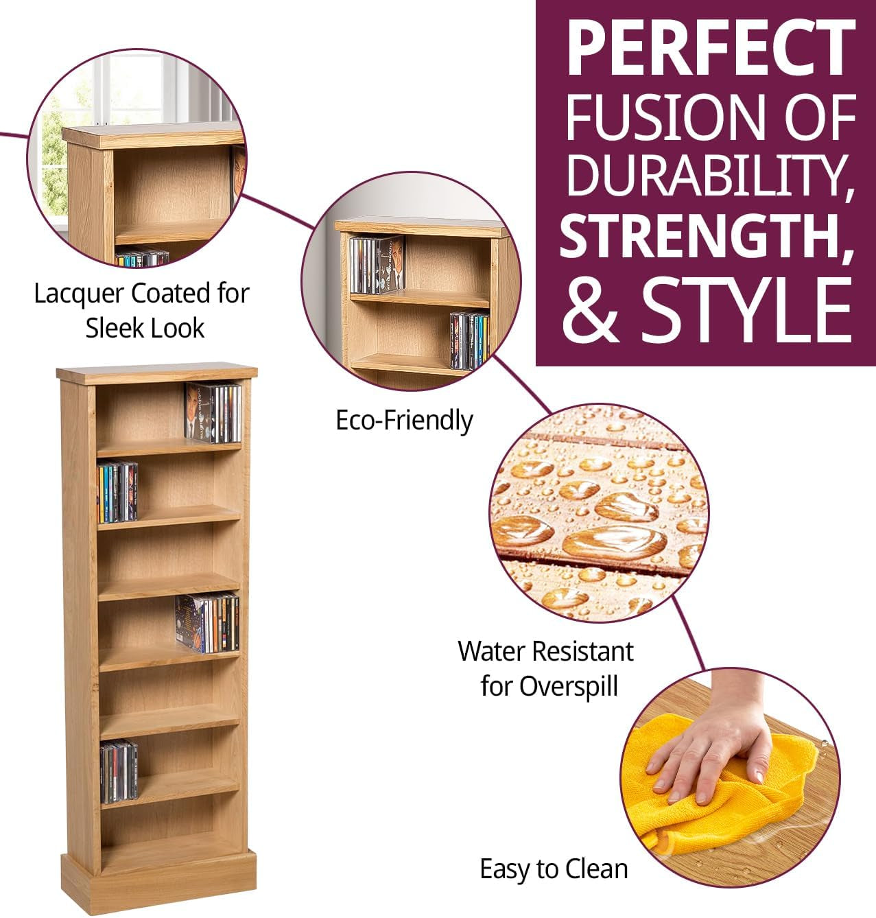 Waverly Oak Dvd Cabinet Wooden Cd Storage with 7-Tier | Solid Wooden Narrow CD Storage Tower, Media Storage Cabinet for Cds or Dvds Light Oak Furniture for Living Room or Bedroom