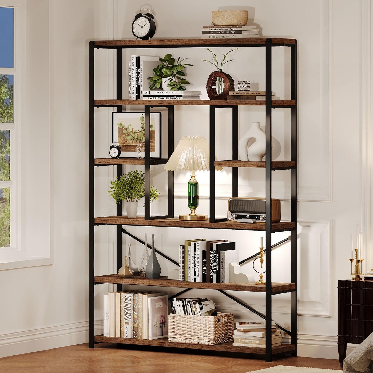 Rustic Bookcase and Bookshelf, Metal Wood 6 Tier Book Shelf, Industrial Vertical Display Etagere Book Case 6 Shelf, Vintage Large Book Shelves for Bedroom Living Room, Brown, 180 CM