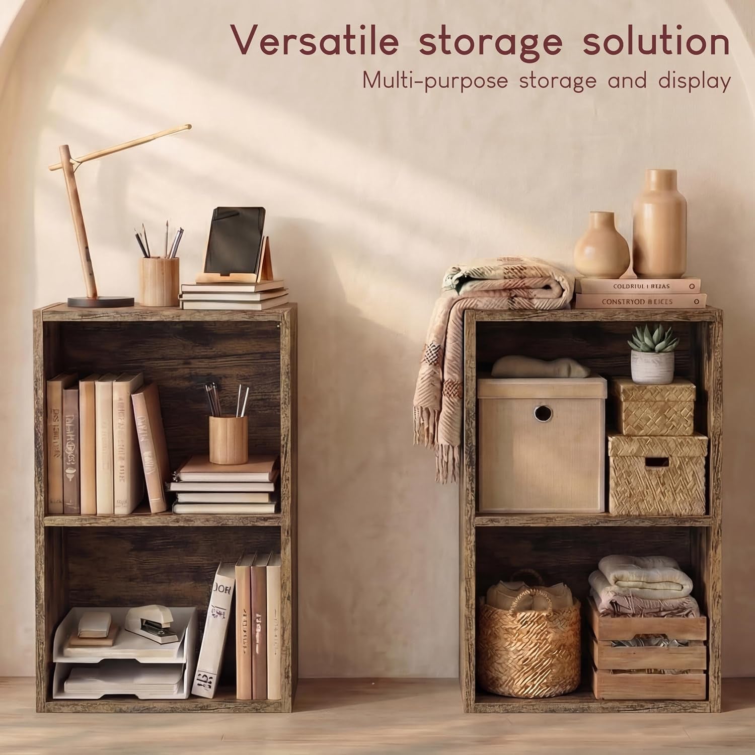 Oxford 2 Tier Cube Bookcase, Dark Wood, Wooden Shelving Display Storage Unit Office Living Room Furniture