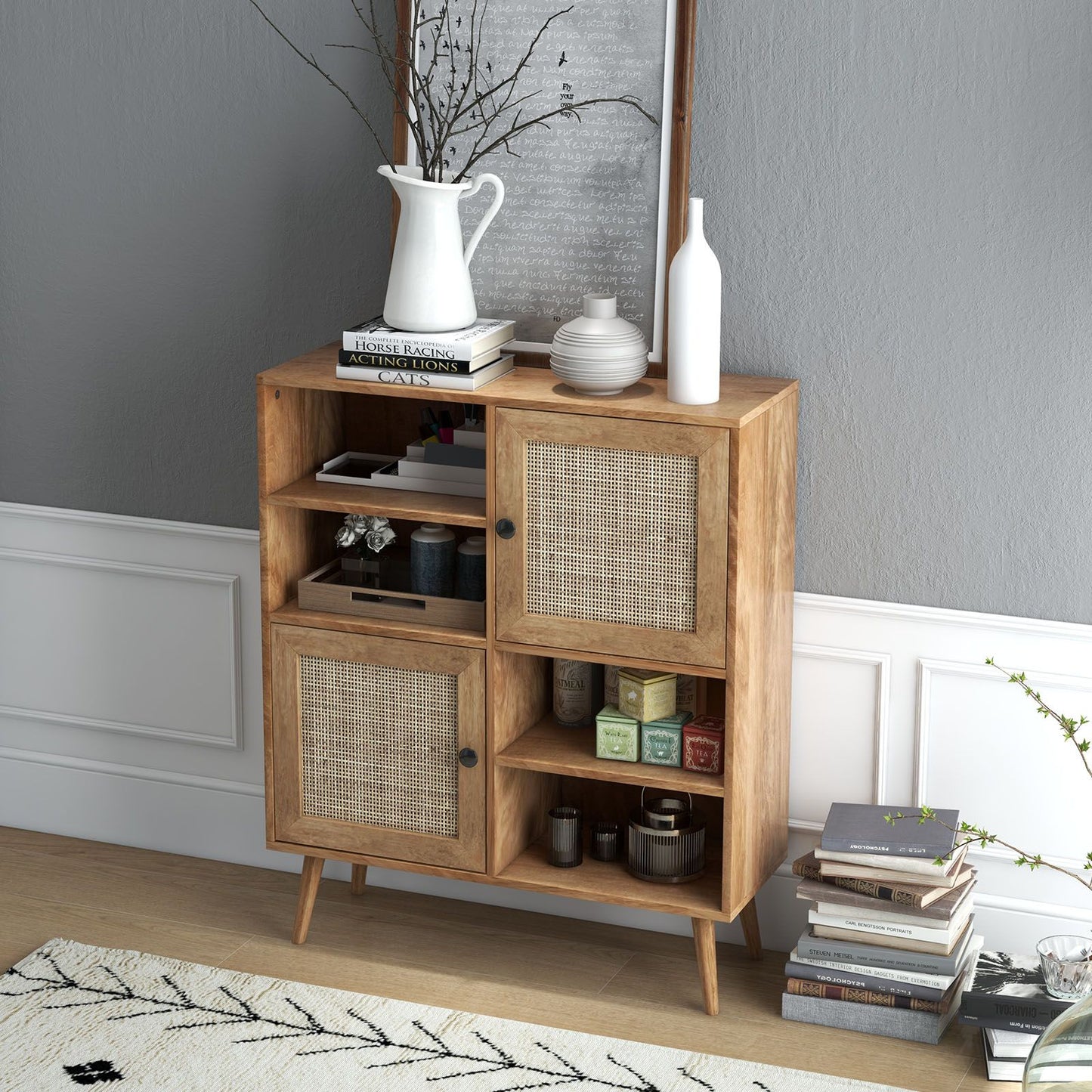 Rattan Sideboard Buffet Cabinet with 4 Cubbies and 2 Rattan-Decorated Doors
