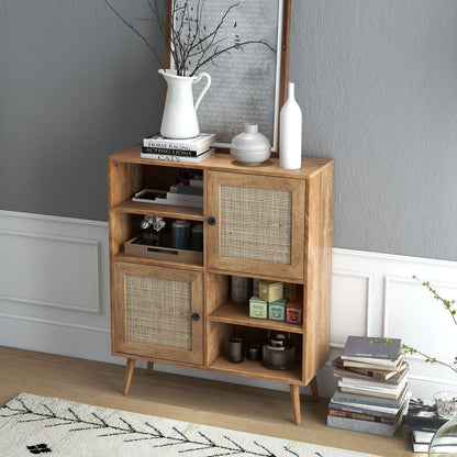 Rattan Sideboard Buffet Cabinet with 4 Cubbies and 2 Rattan-Decorated Doors