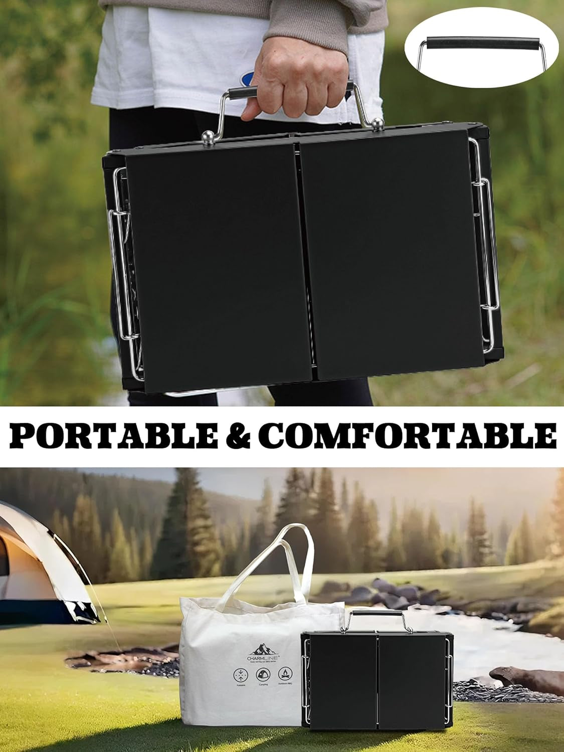 39 X 27 Cm Foldable Portable Charcoal BBQ Grill, Camping BBQ Grill for 2–4 People, Ideal for Camping, Garden, Beach, Picnic & Tabletop Use, Black