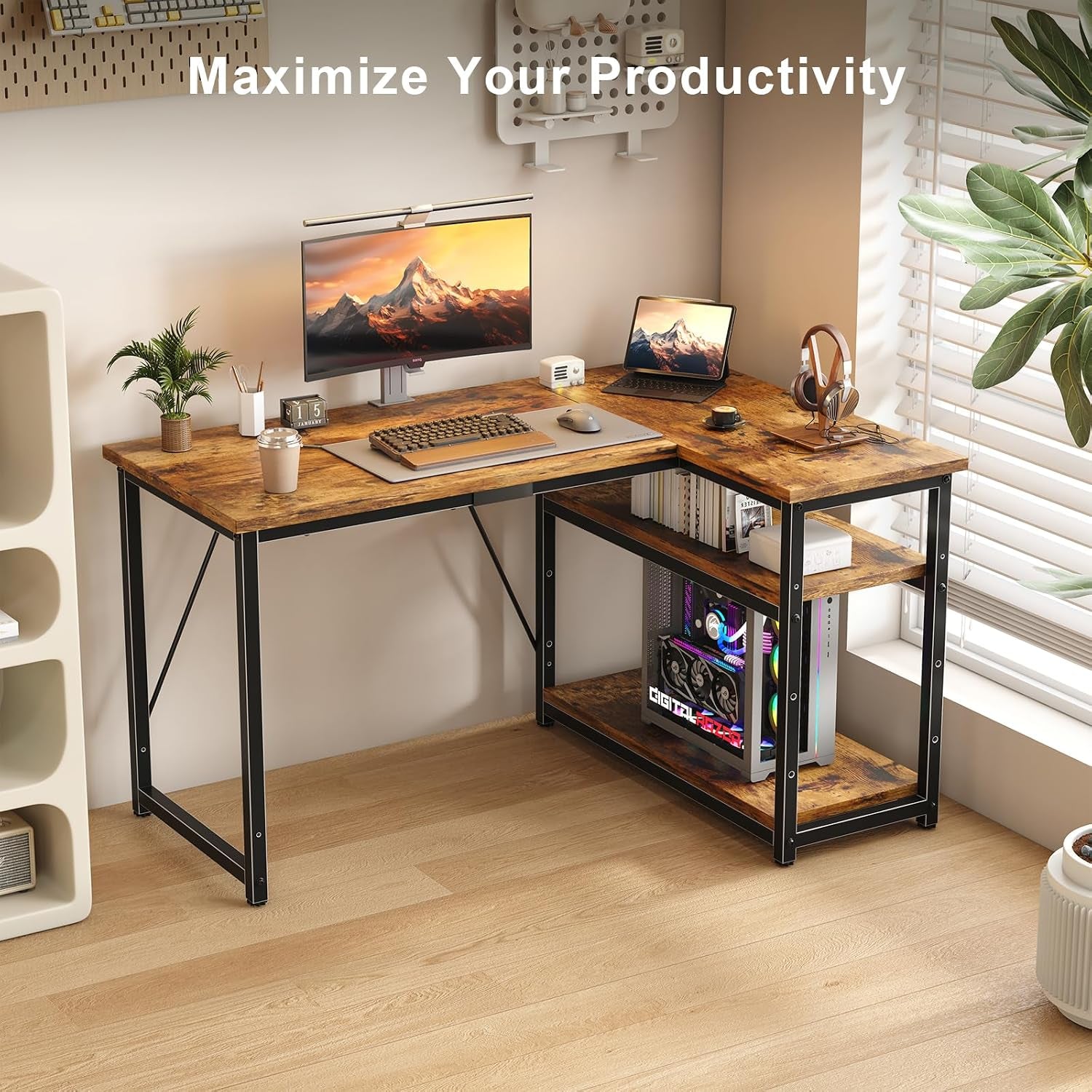 100 * 80Cm L Shaped Computer Desk with Reversible Large Storage Shelves, Corner Desk Computer Workstation Matching under Desk Height Adjustable Storage, Home Office Work Table Brown