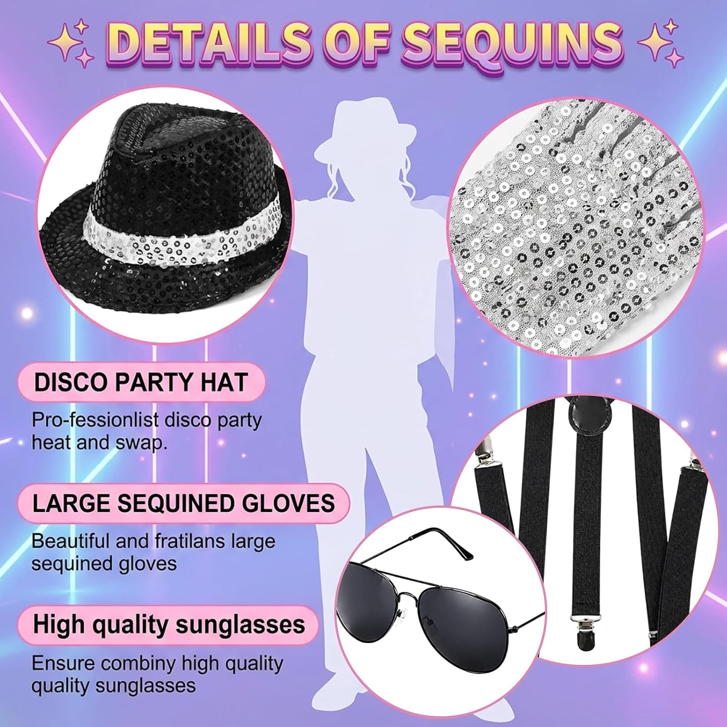 MJ Costume, 80S Fancy Dress Men, 7Pcs Disco Clothing Set Halloween Costumes, with Hat, Glasses, Tie, Microphone, Headset, Suspenders and Gloves