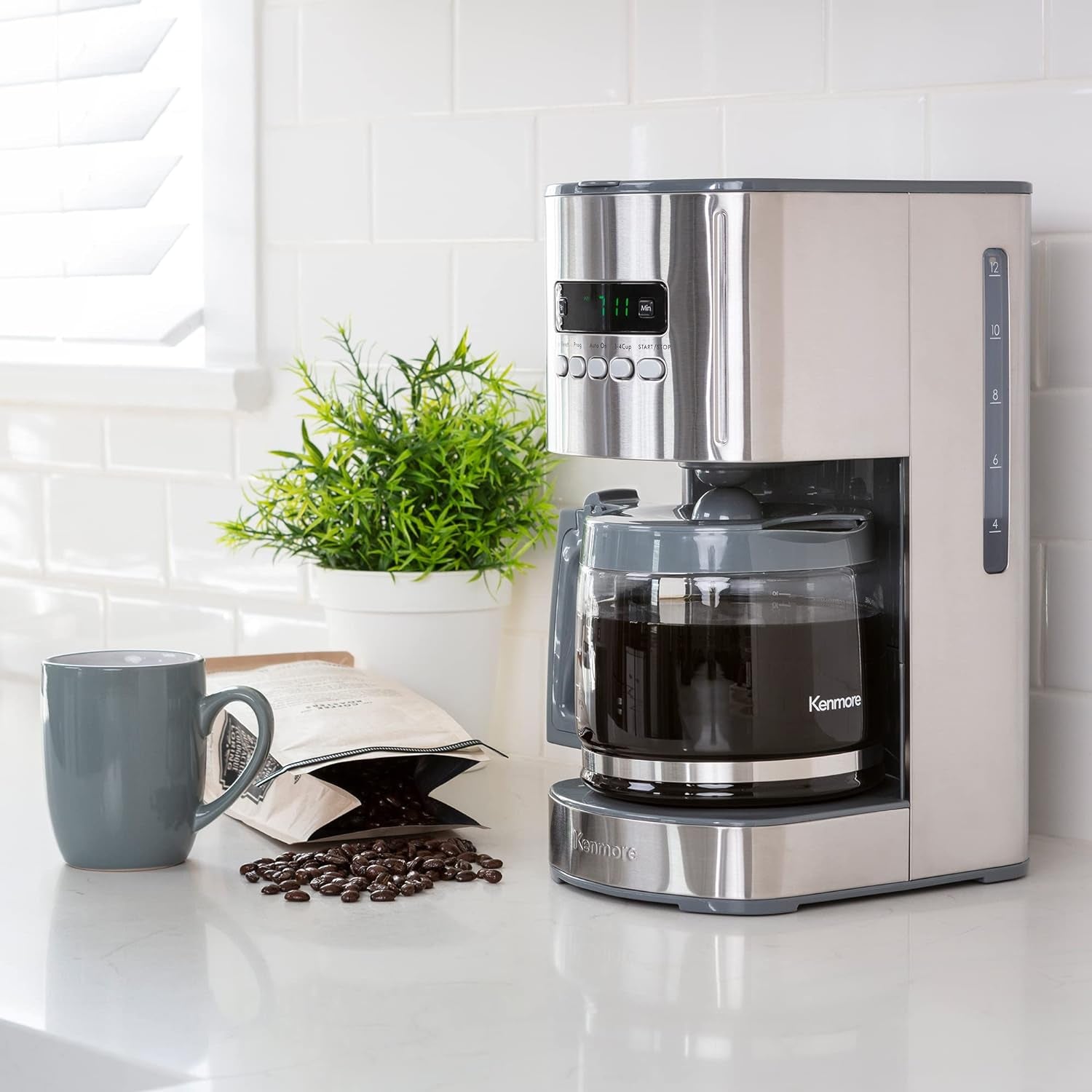Kenmore Filter Coffee Machines 12-Cup Drip Coffee Makers with 1.8L Glass Pot for Ground Coffee Digital Display Programmable Timer Auto Shut off Warming Plate Reusable Filter Kitchen Appliances Silver