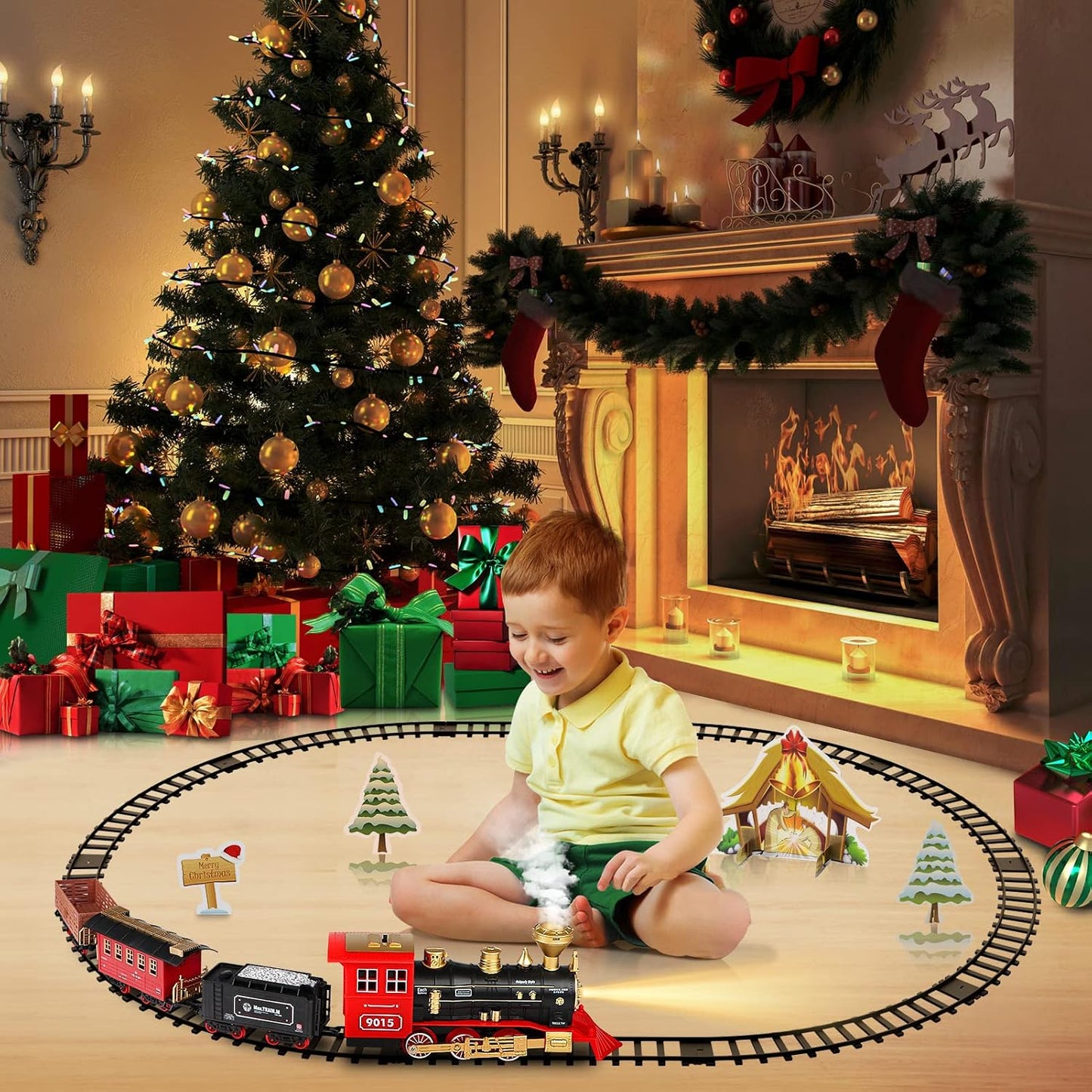 Christmas Electric Train Set for 3 4 5 6 Year Old Boys under Tree | Train Set for Kids Adults, Train for around the Christmas Tree, Steam Train Toy with Smoke