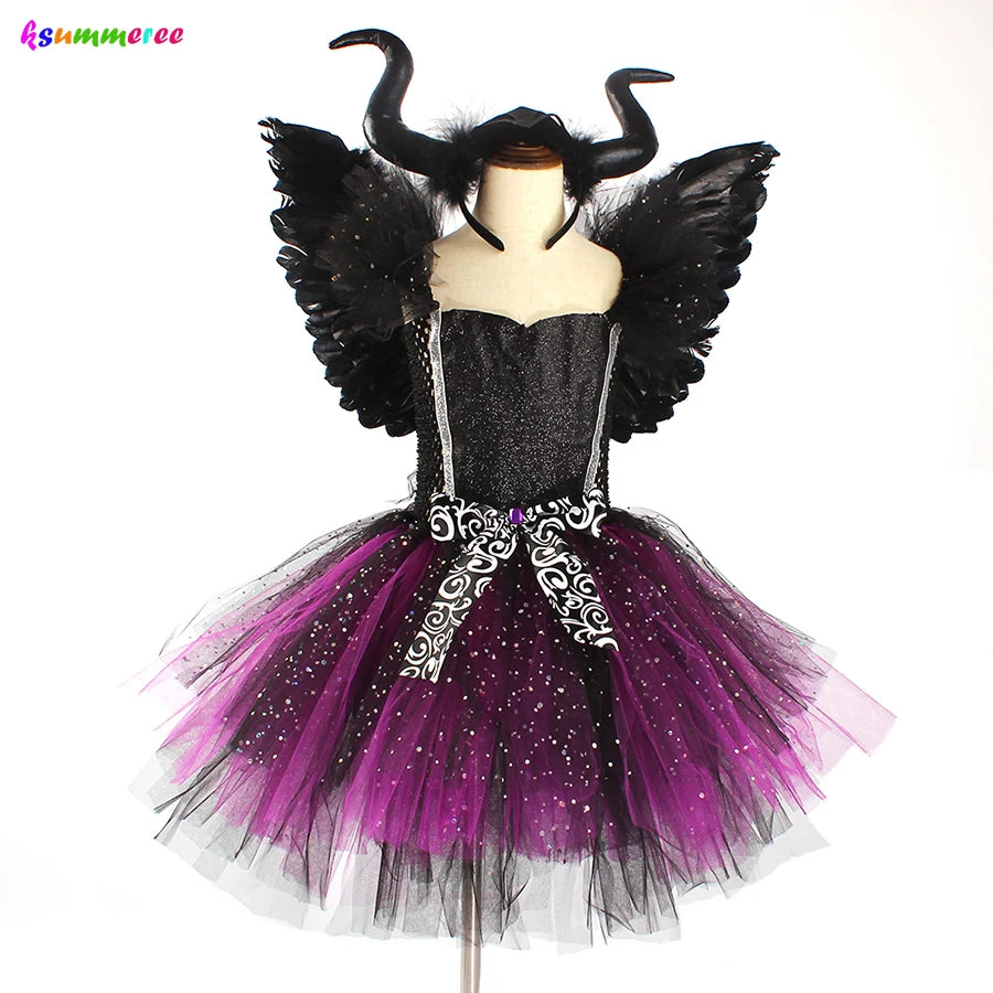 Glittery Black & Purple Kids Evil Witch Tutu Dress Girls Dark Fairy Witch Tutu Halloween Cosplay Costume with Horns and Wings